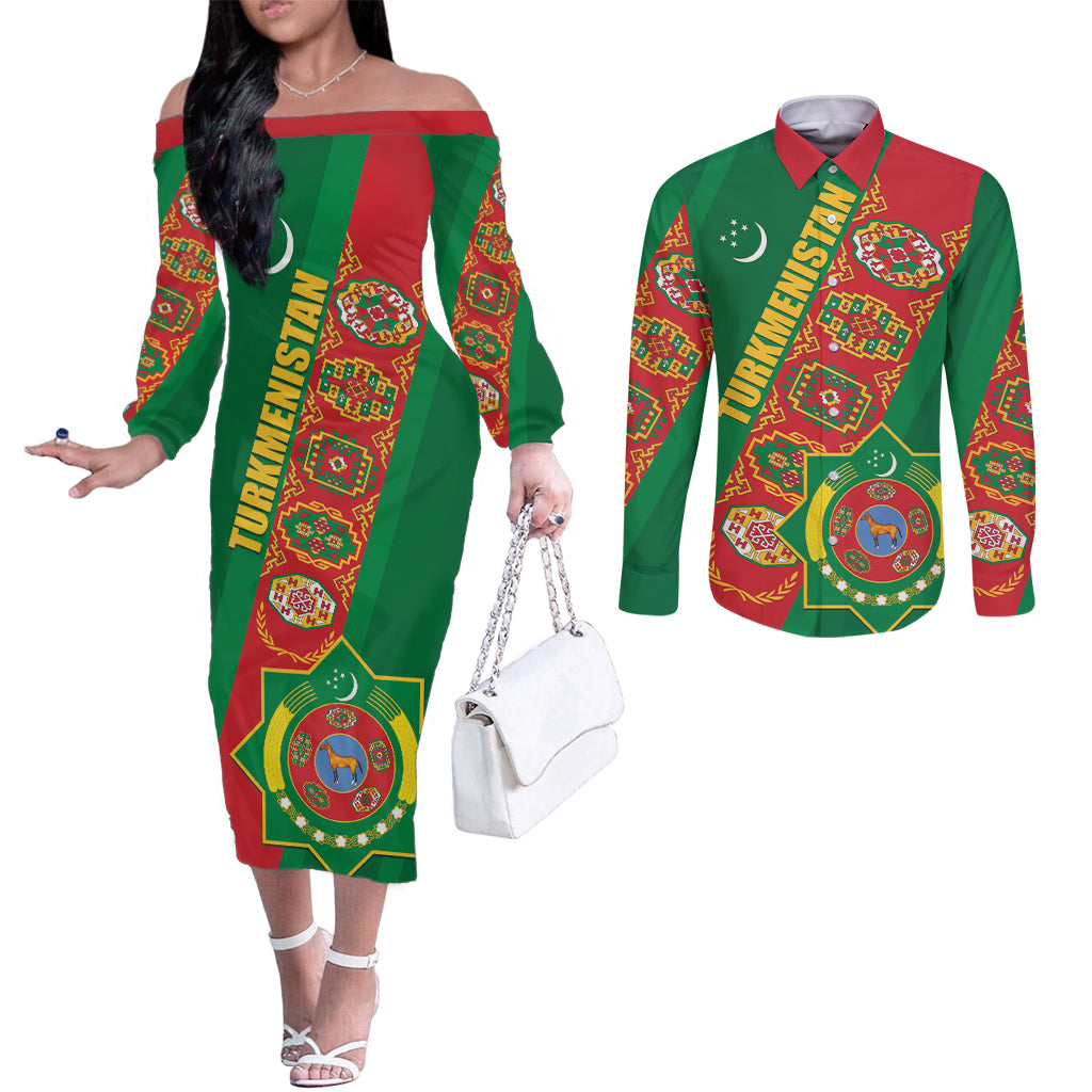 Turkmenistan Flag Day Couples Matching Off The Shoulder Long Sleeve Dress and Long Sleeve Button Shirt Turkmenistan Bitaraplygyn watanydyr LT01
