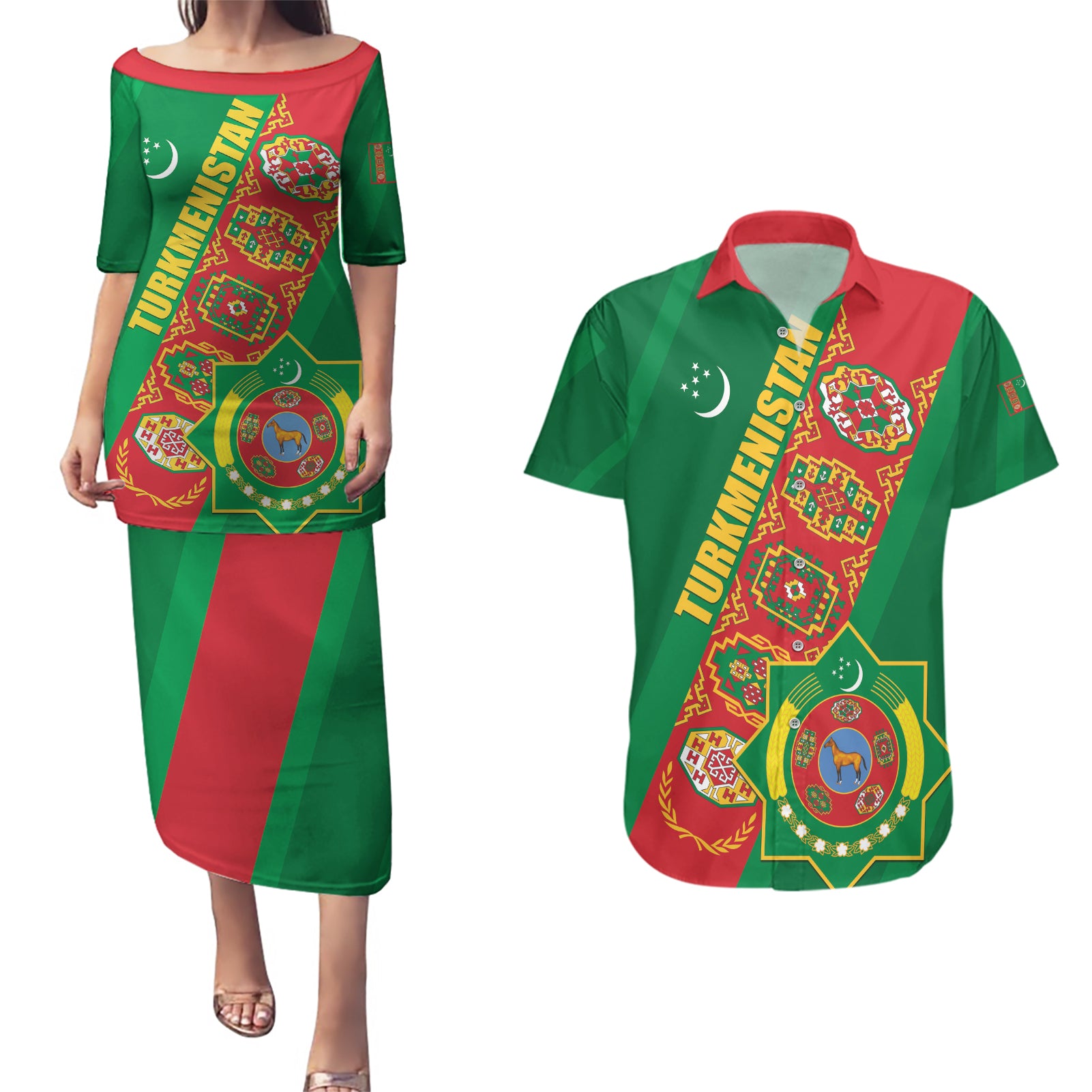 Turkmenistan Flag Day Couples Matching Puletasi and Hawaiian Shirt Turkmenistan Bitaraplygyn watanydyr LT01