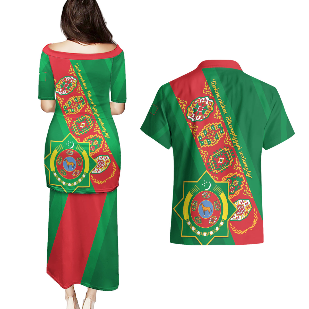 Turkmenistan Flag Day Couples Matching Puletasi and Hawaiian Shirt Turkmenistan Bitaraplygyn watanydyr - Wonder Print Shop