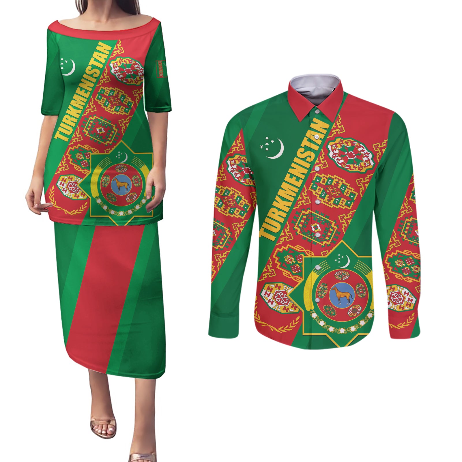 Turkmenistan Flag Day Couples Matching Puletasi and Long Sleeve Button Shirt Turkmenistan Bitaraplygyn watanydyr LT01