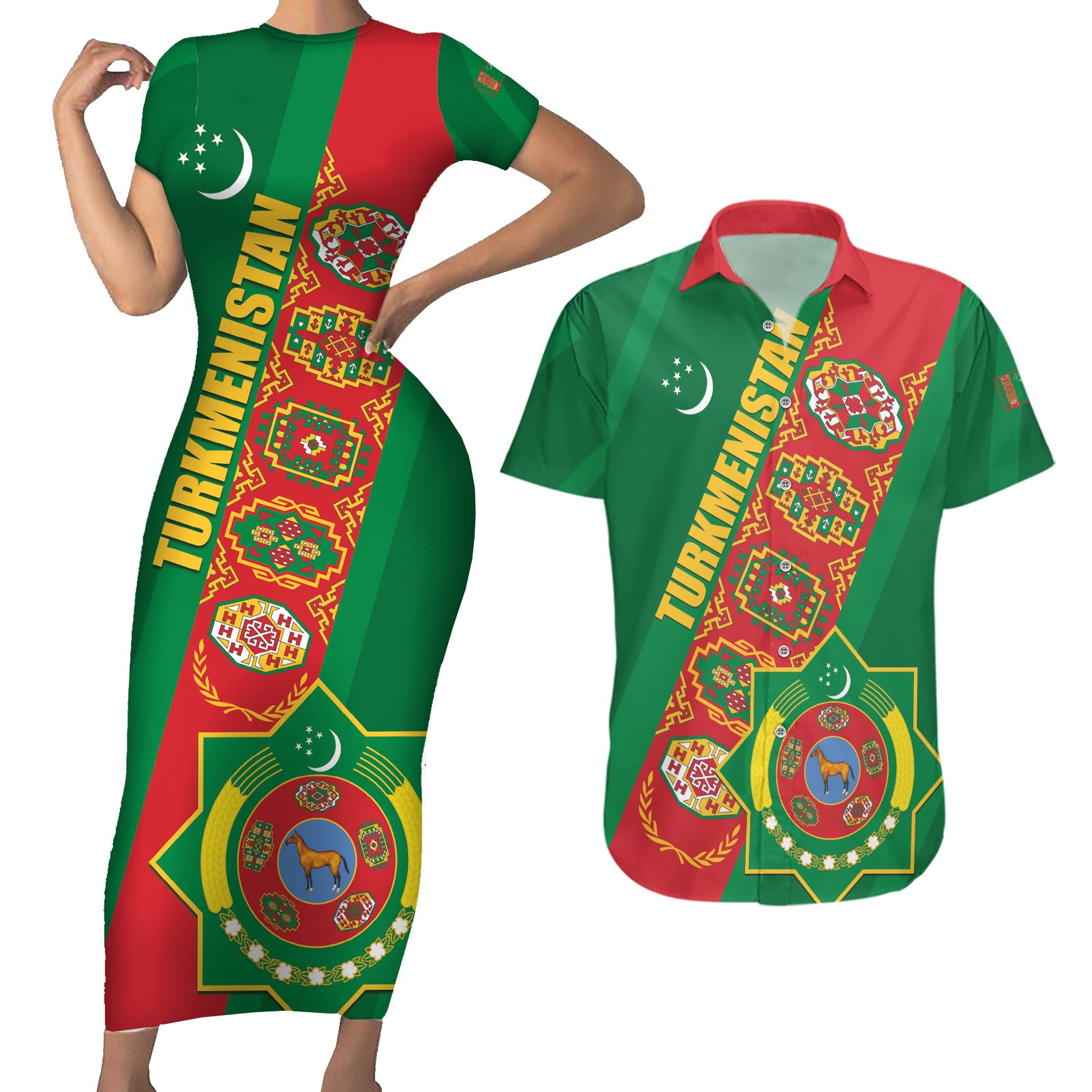 Turkmenistan Flag Day Couples Matching Short Sleeve Bodycon Dress and Hawaiian Shirt Turkmenistan Bitaraplygyn watanydyr LT01