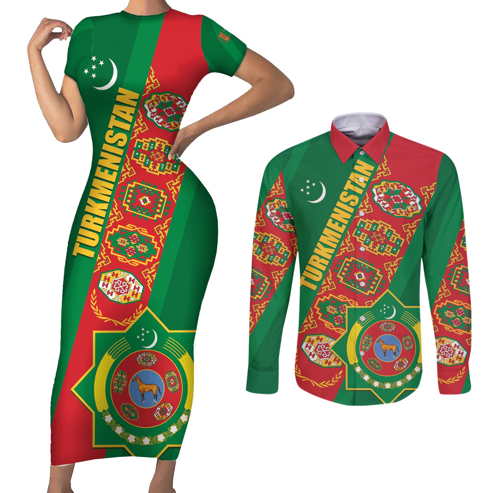 Turkmenistan Flag Day Couples Matching Short Sleeve Bodycon Dress and Long Sleeve Button Shirt Turkmenistan Bitaraplygyn watanydyr LT01
