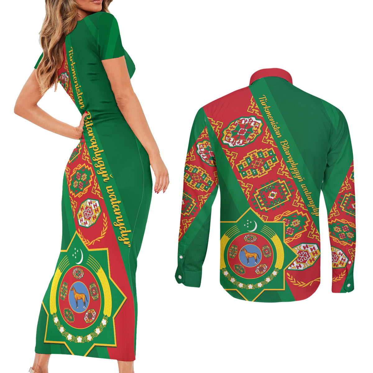 Turkmenistan Flag Day Couples Matching Short Sleeve Bodycon Dress and Long Sleeve Button Shirt Turkmenistan Bitaraplygyn watanydyr - Wonder Print Shop