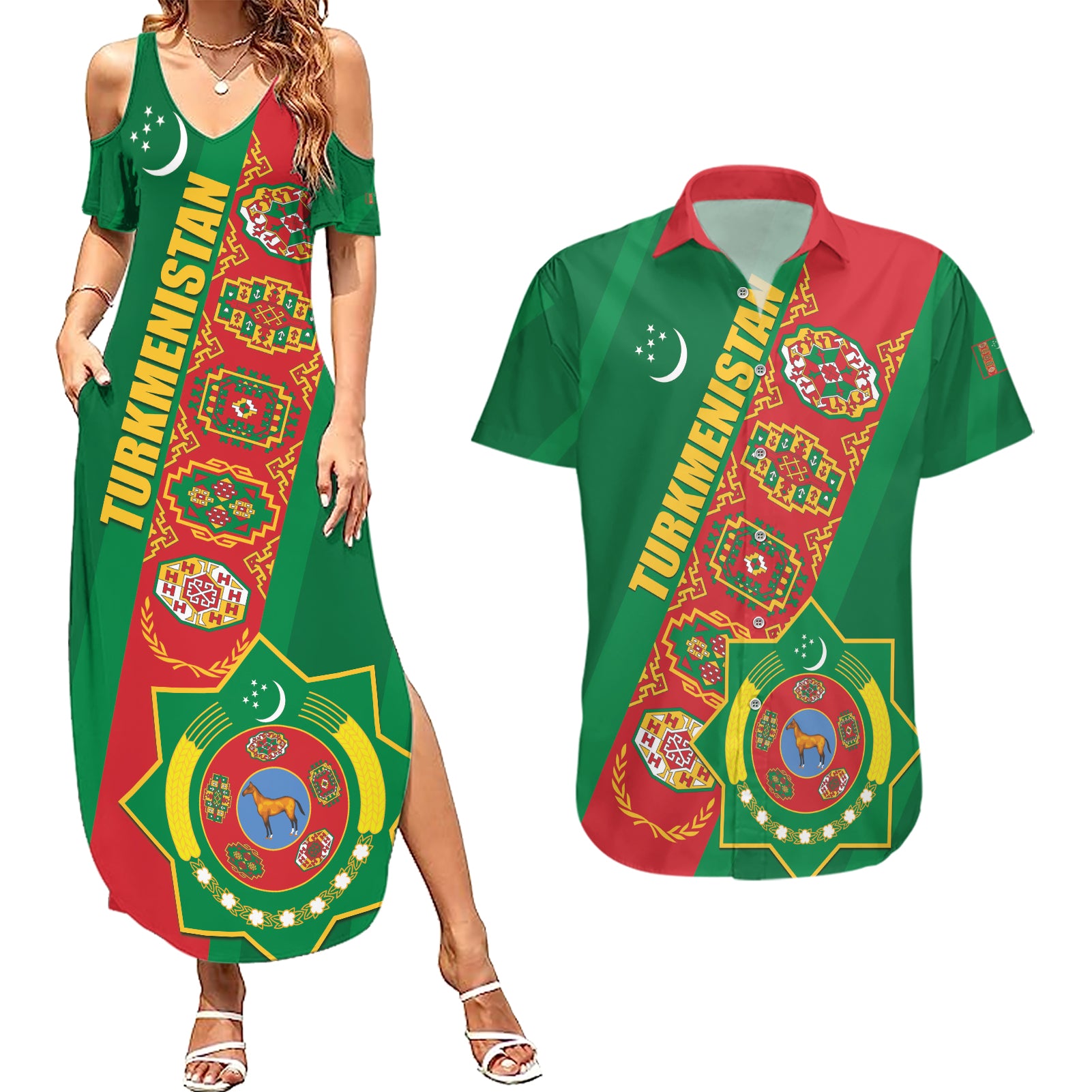 Turkmenistan Flag Day Couples Matching Summer Maxi Dress and Hawaiian Shirt Turkmenistan Bitaraplygyn watanydyr LT01