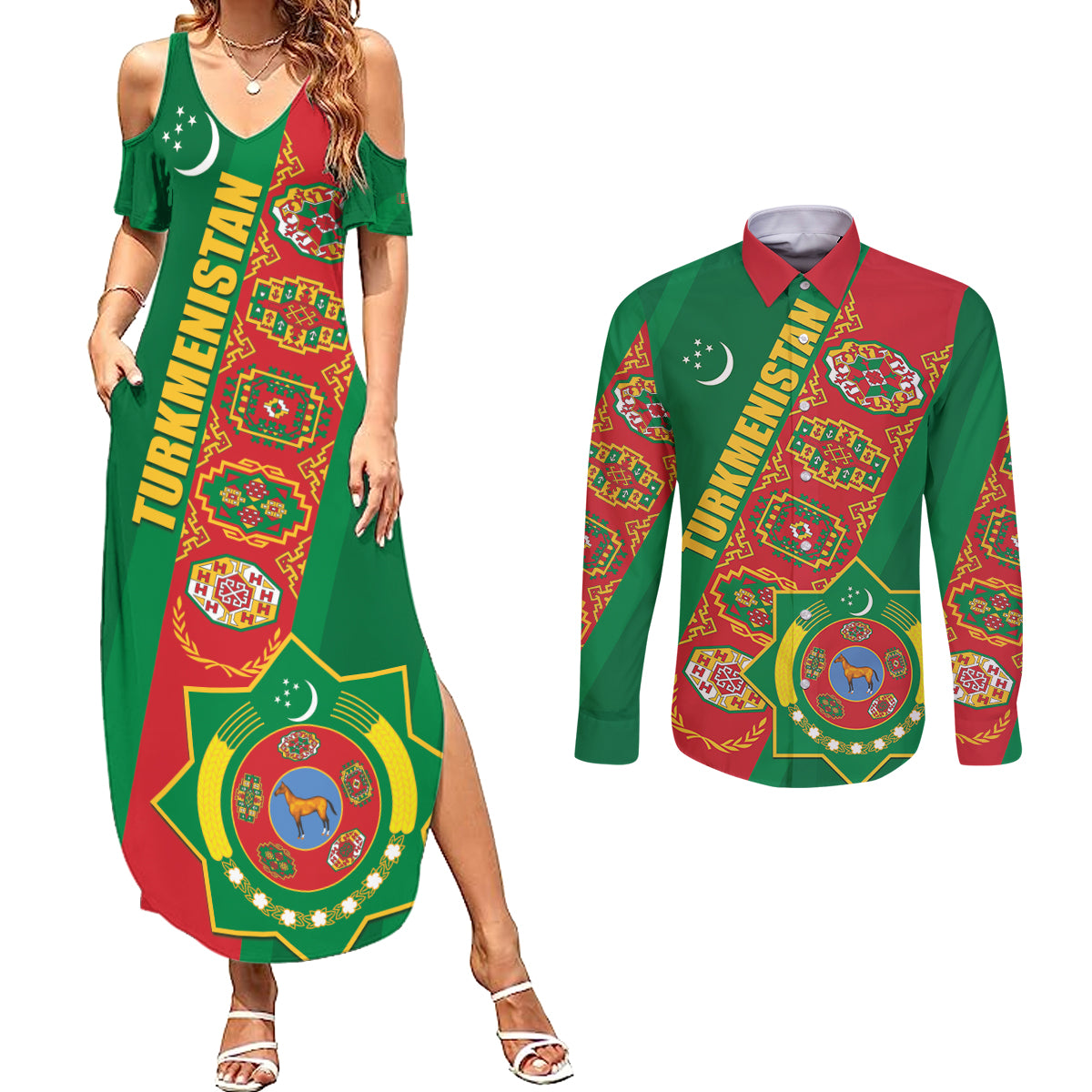 Turkmenistan Flag Day Couples Matching Summer Maxi Dress and Long Sleeve Button Shirt Turkmenistan Bitaraplygyn watanydyr LT01