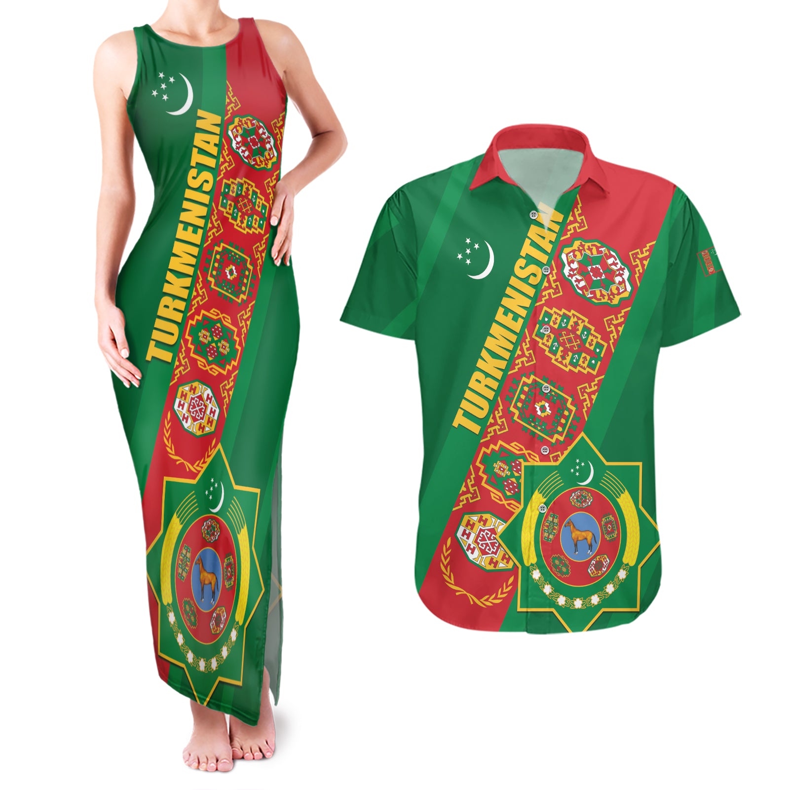 Turkmenistan Flag Day Couples Matching Tank Maxi Dress and Hawaiian Shirt Turkmenistan Bitaraplygyn watanydyr LT01