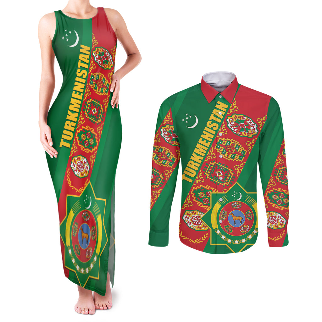 Turkmenistan Flag Day Couples Matching Tank Maxi Dress and Long Sleeve Button Shirt Turkmenistan Bitaraplygyn watanydyr LT01