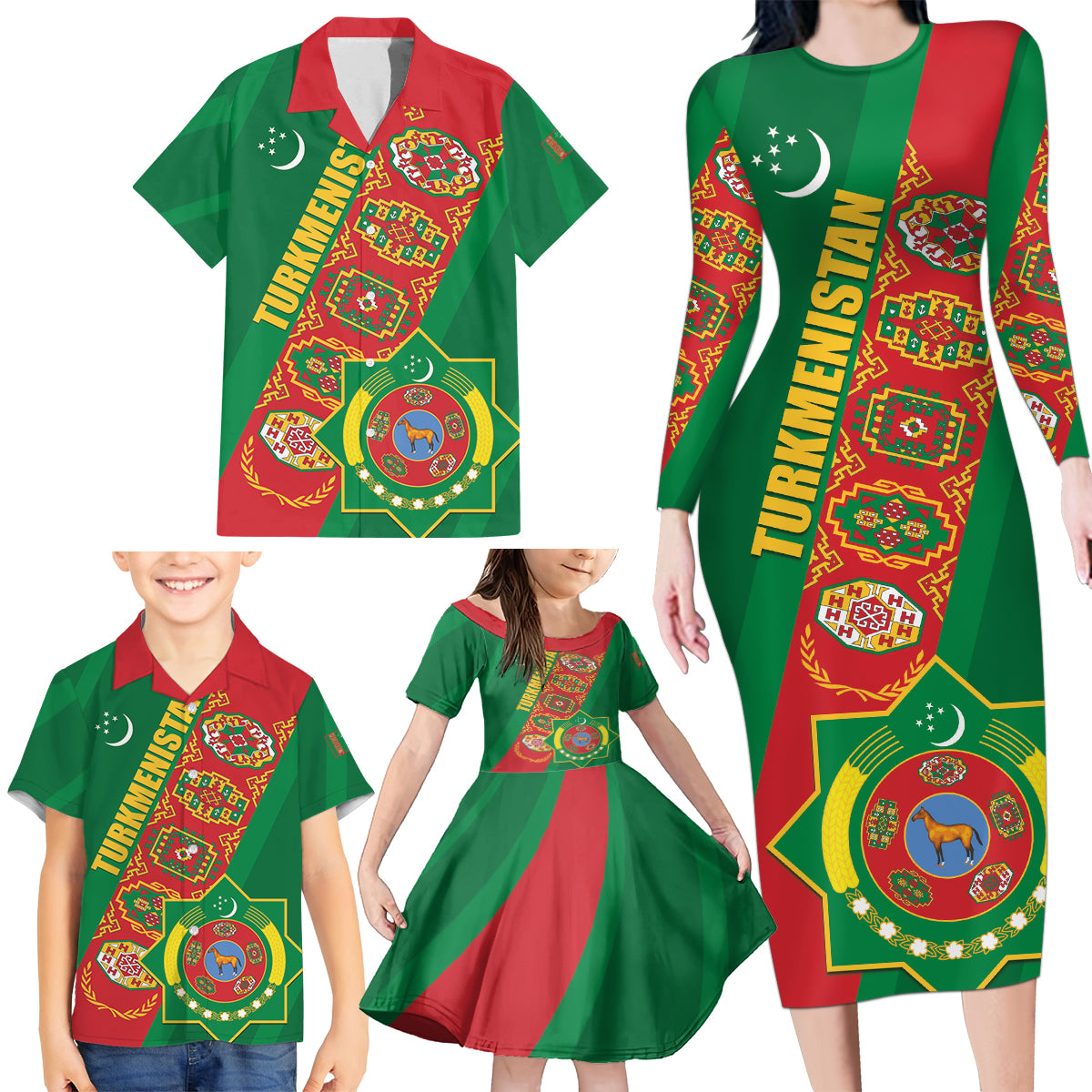 Turkmenistan Flag Day Family Matching Long Sleeve Bodycon Dress and Hawaiian Shirt Turkmenistan Bitaraplygyn watanydyr LT01