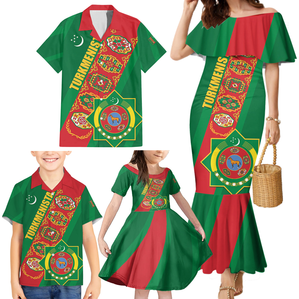 Turkmenistan Flag Day Family Matching Mermaid Dress and Hawaiian Shirt Turkmenistan Bitaraplygyn watanydyr LT01
