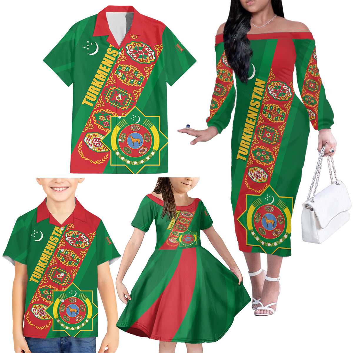 Turkmenistan Flag Day Family Matching Off The Shoulder Long Sleeve Dress and Hawaiian Shirt Turkmenistan Bitaraplygyn watanydyr LT01