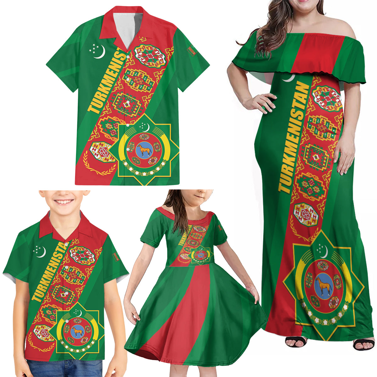 Turkmenistan Flag Day Family Matching Off Shoulder Maxi Dress and Hawaiian Shirt Turkmenistan Bitaraplygyn watanydyr LT01