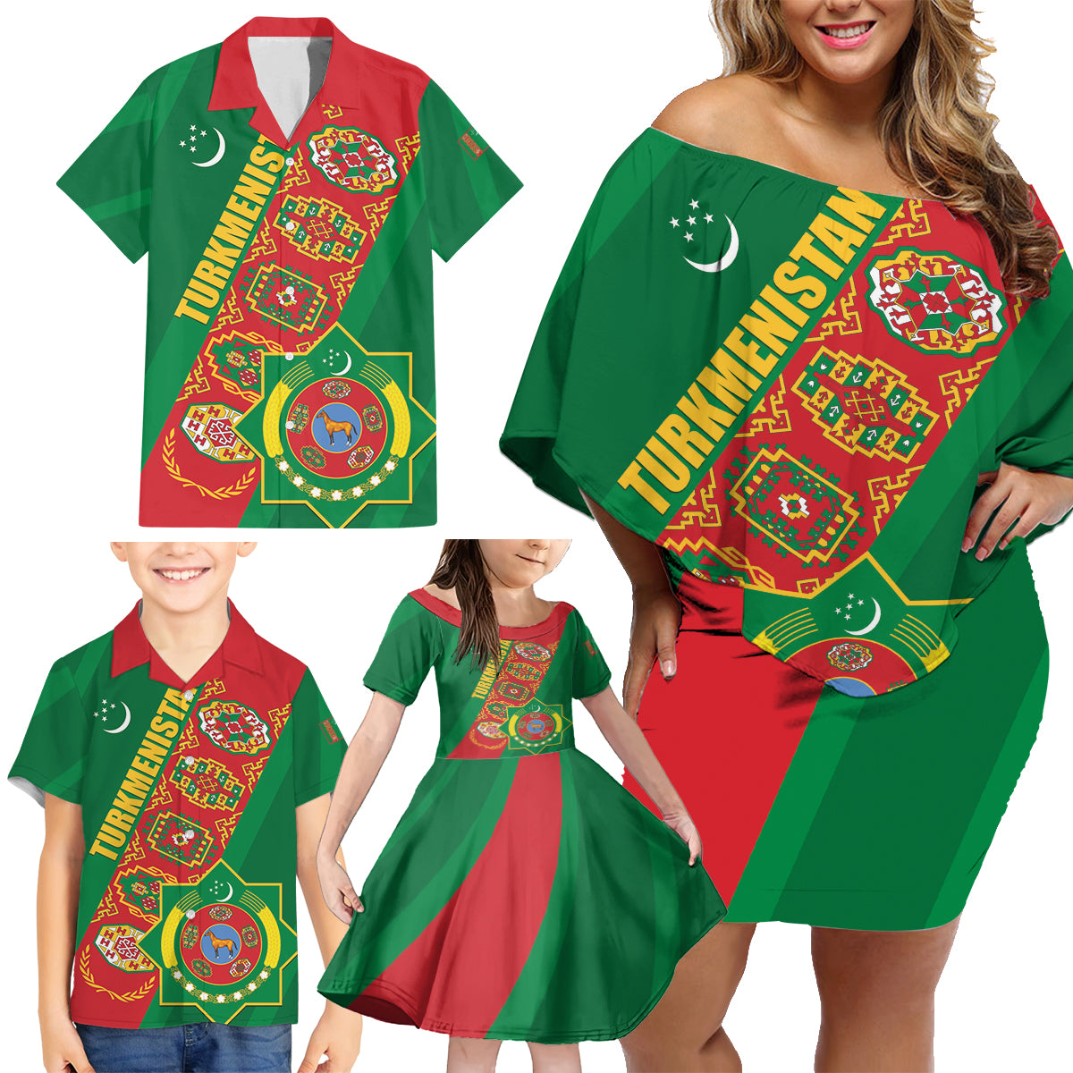 Turkmenistan Flag Day Family Matching Off Shoulder Short Dress and Hawaiian Shirt Turkmenistan Bitaraplygyn watanydyr LT01