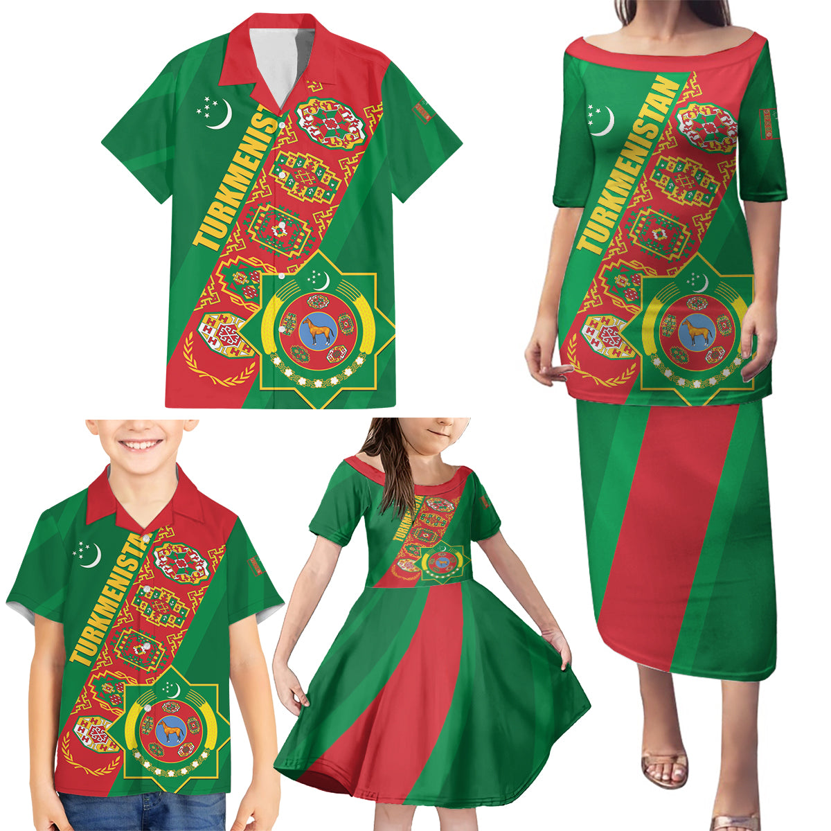 Turkmenistan Flag Day Family Matching Puletasi and Hawaiian Shirt Turkmenistan Bitaraplygyn watanydyr LT01