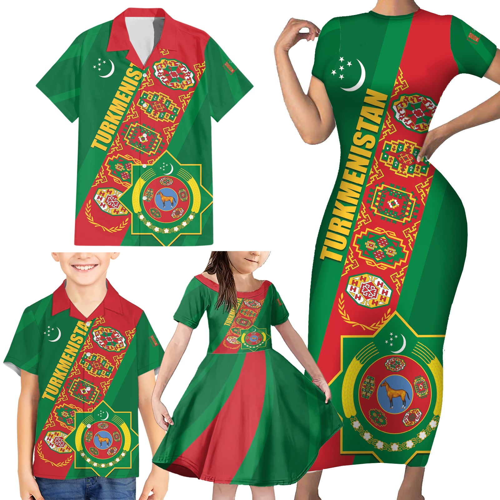 Turkmenistan Flag Day Family Matching Short Sleeve Bodycon Dress and Hawaiian Shirt Turkmenistan Bitaraplygyn watanydyr LT01