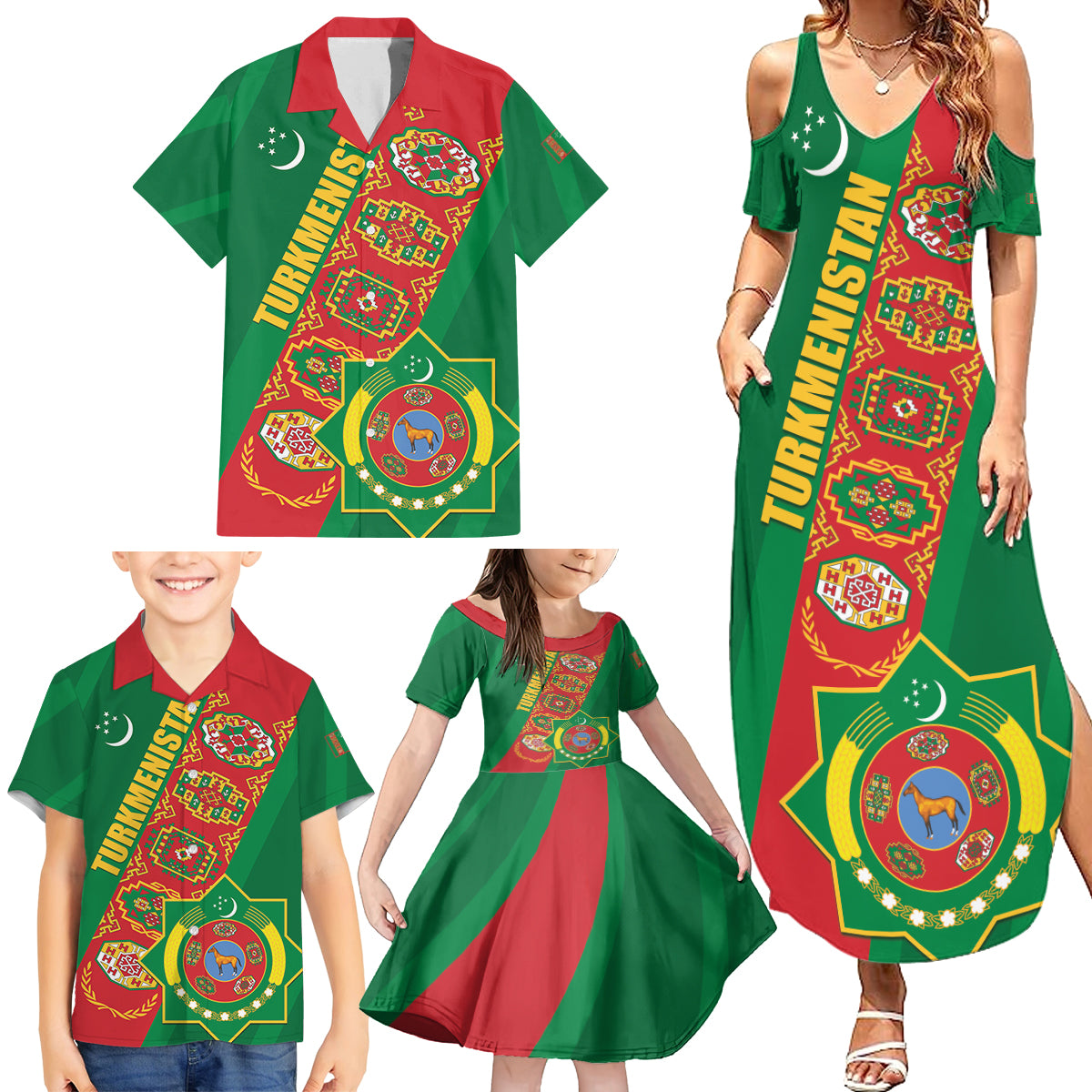 Turkmenistan Flag Day Family Matching Summer Maxi Dress and Hawaiian Shirt Turkmenistan Bitaraplygyn watanydyr LT01