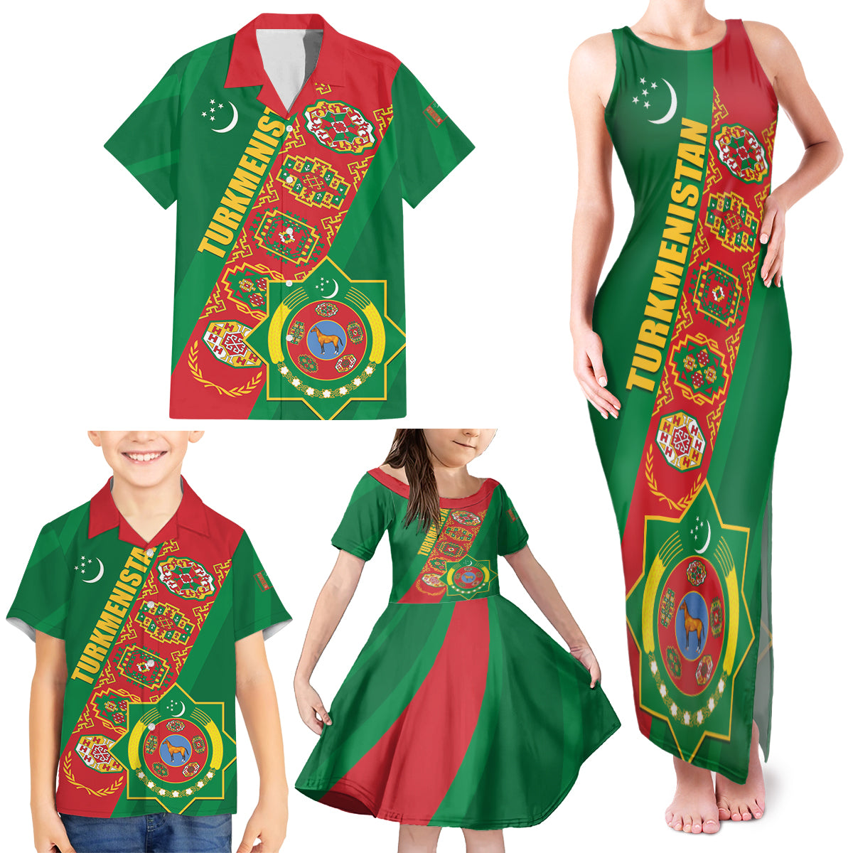 Turkmenistan Flag Day Family Matching Tank Maxi Dress and Hawaiian Shirt Turkmenistan Bitaraplygyn watanydyr LT01