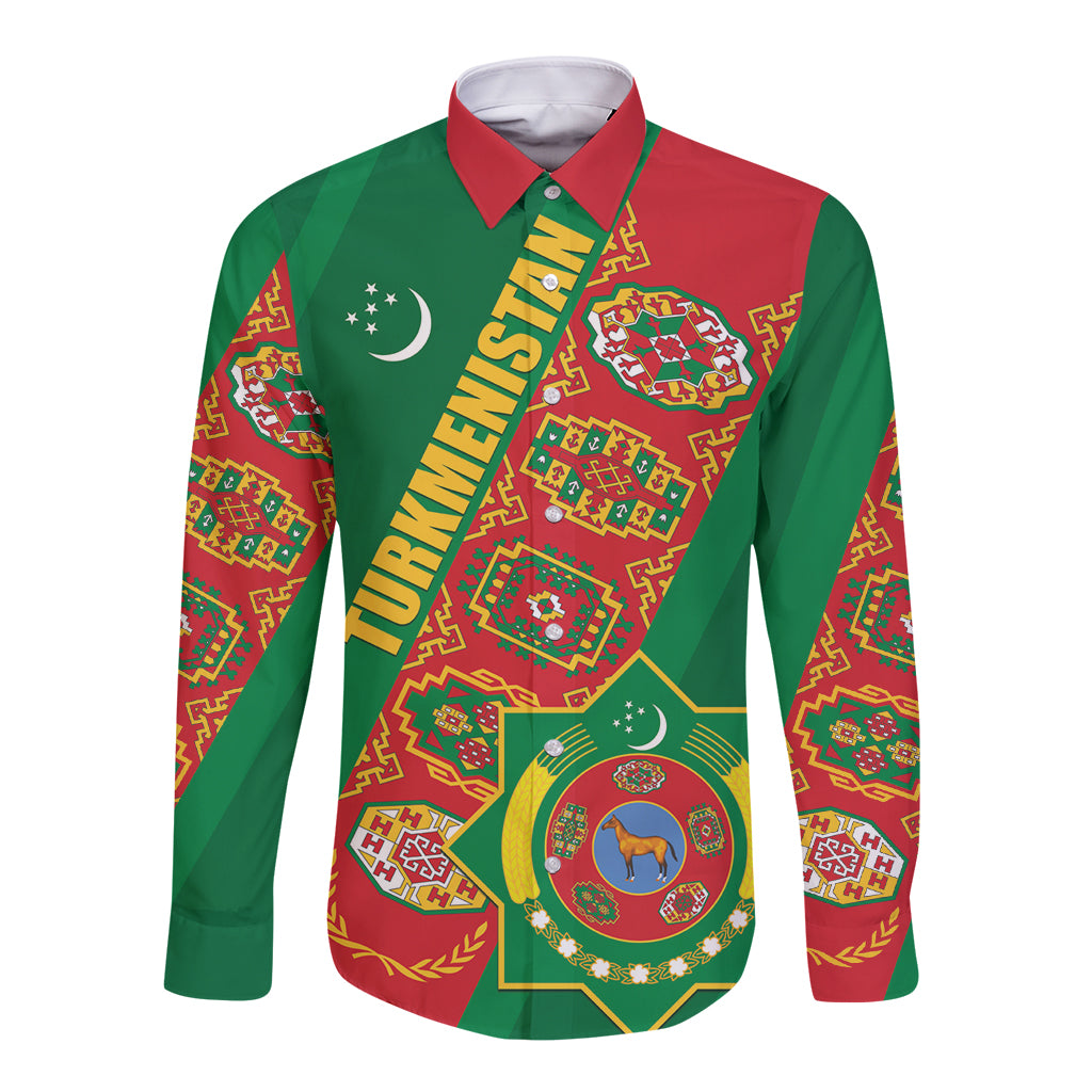 Turkmenistan Flag Day Long Sleeve Button Shirt Turkmenistan Bitaraplygyn watanydyr - Wonder Print Shop