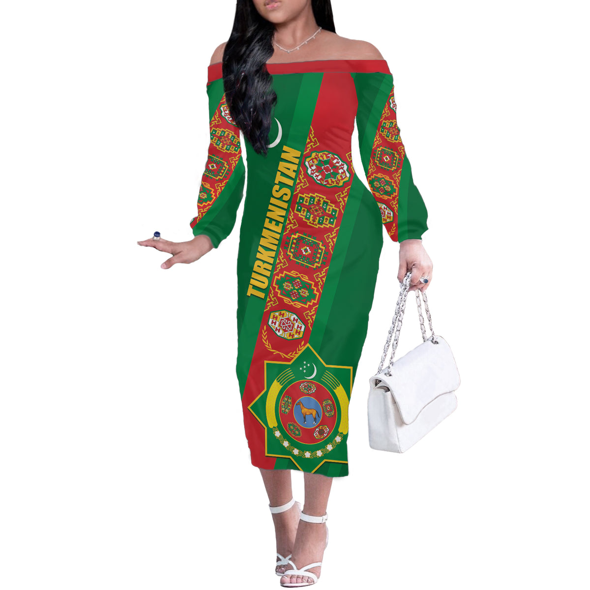 Turkmenistan Flag Day Off The Shoulder Long Sleeve Dress Turkmenistan Bitaraplygyn watanydyr - Wonder Print Shop