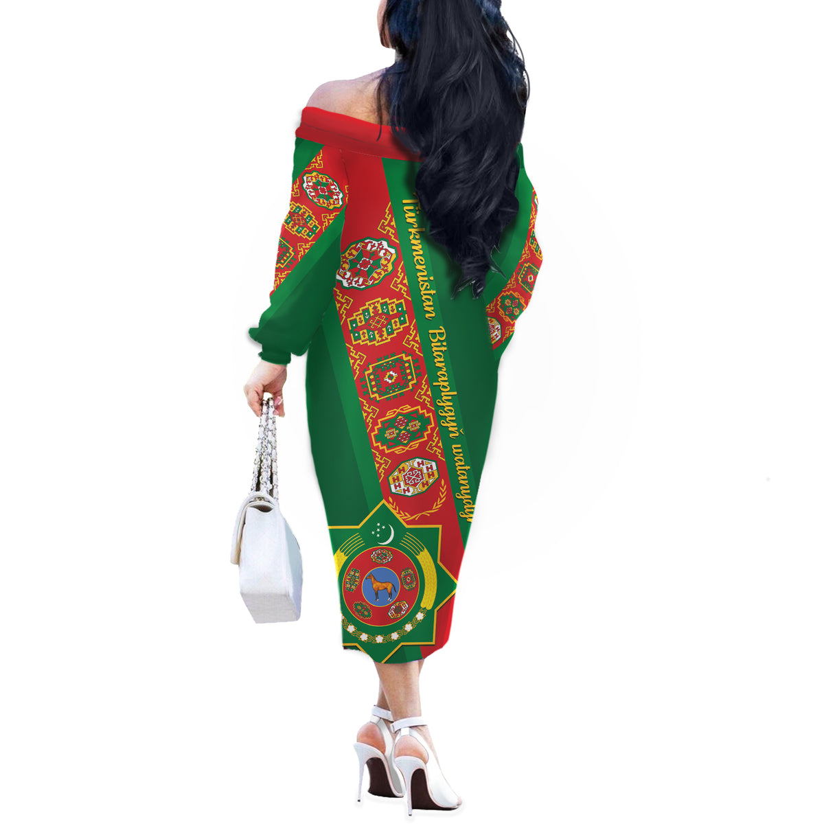 Turkmenistan Flag Day Off The Shoulder Long Sleeve Dress Turkmenistan Bitaraplygyn watanydyr - Wonder Print Shop