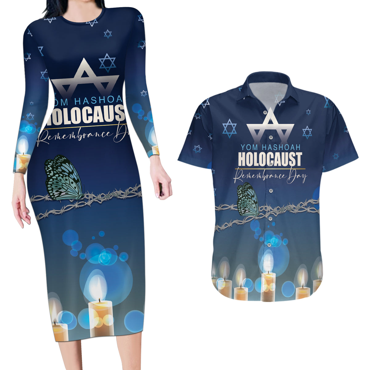 Yom HaShoah 2024 Couples Matching Long Sleeve Bodycon Dress and Hawaiian Shirt Holocaust Remembrance Day - Wonder Print Shop