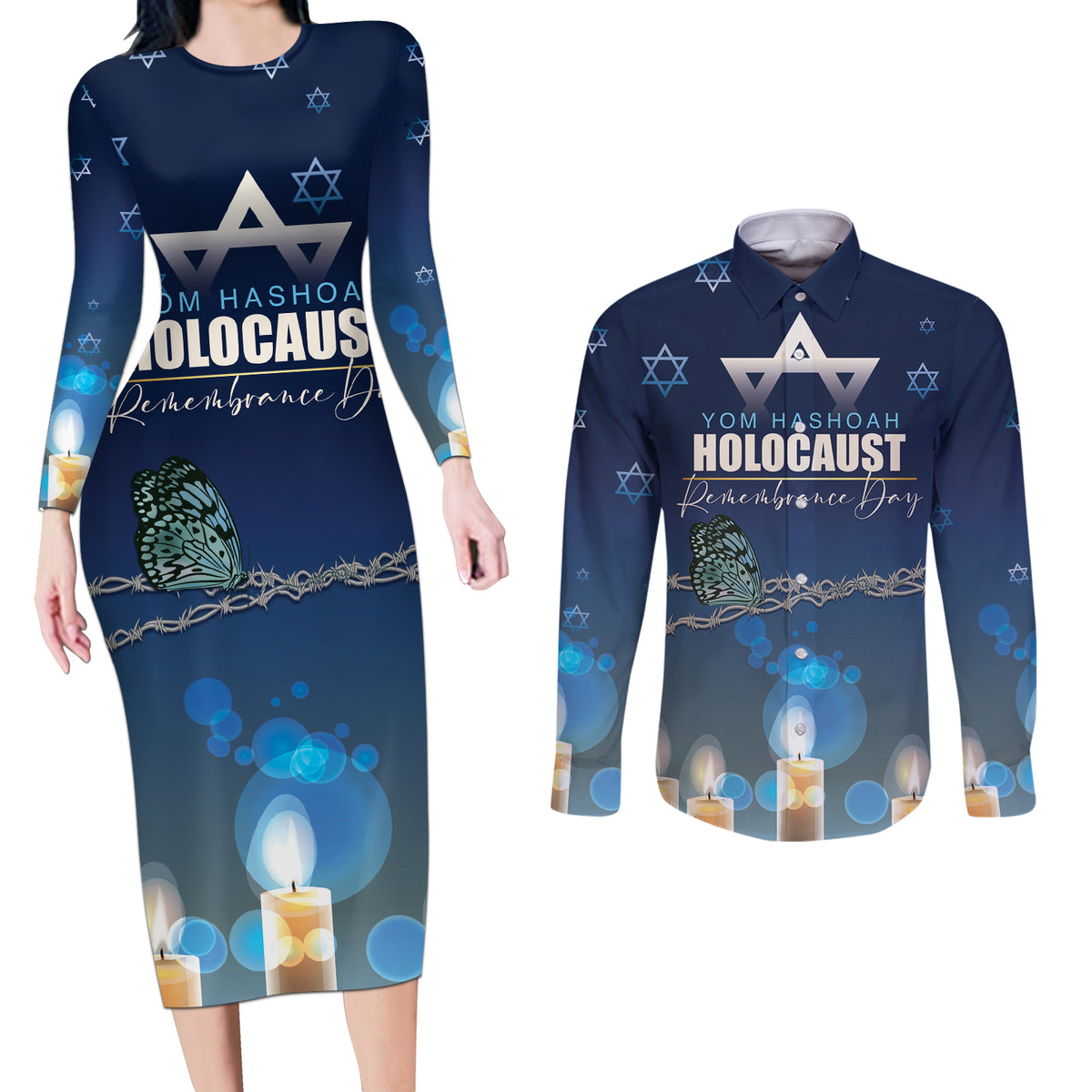 Yom HaShoah 2024 Couples Matching Long Sleeve Bodycon Dress and Long Sleeve Button Shirt Holocaust Remembrance Day - Wonder Print Shop