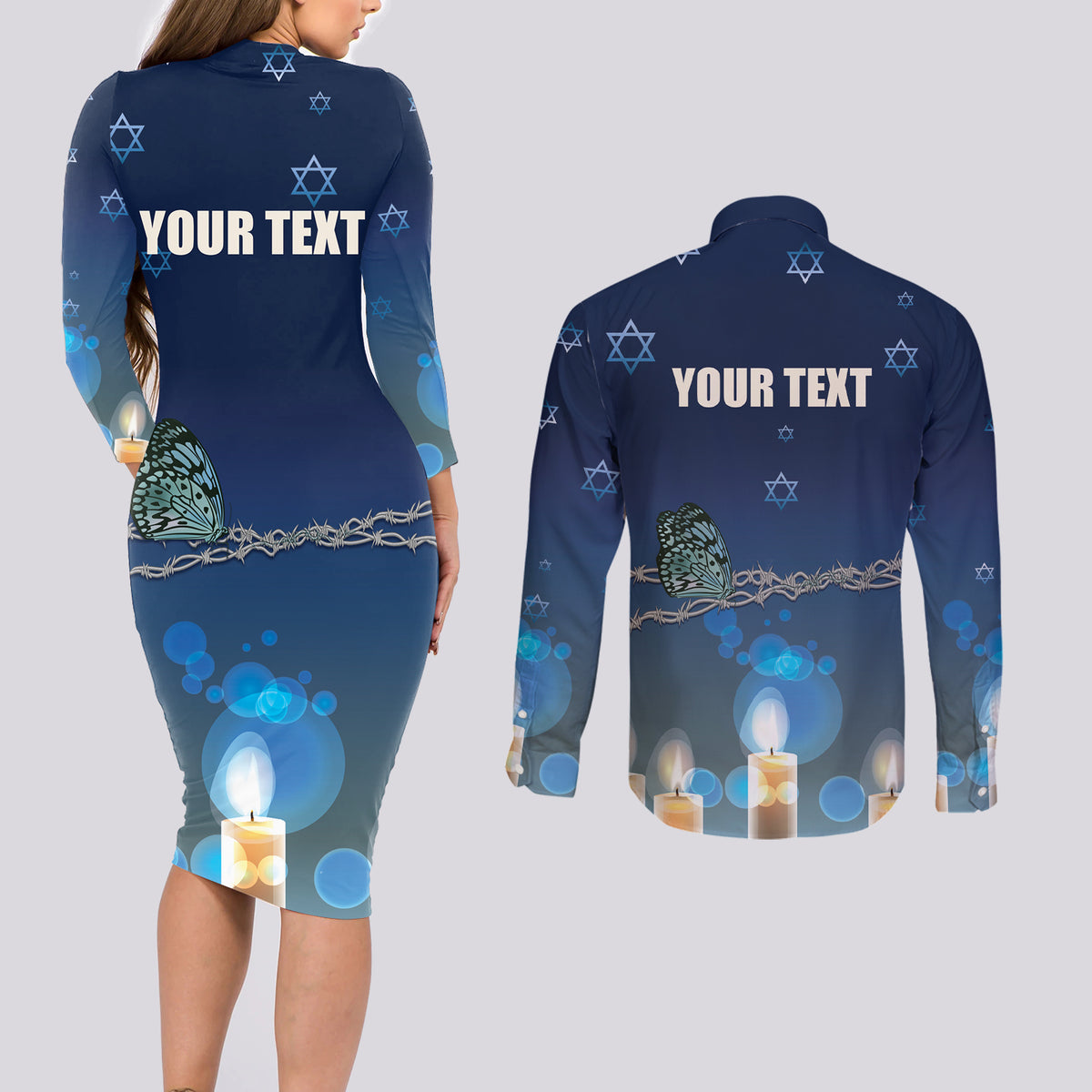 Yom HaShoah 2024 Couples Matching Long Sleeve Bodycon Dress and Long Sleeve Button Shirt Holocaust Remembrance Day - Wonder Print Shop