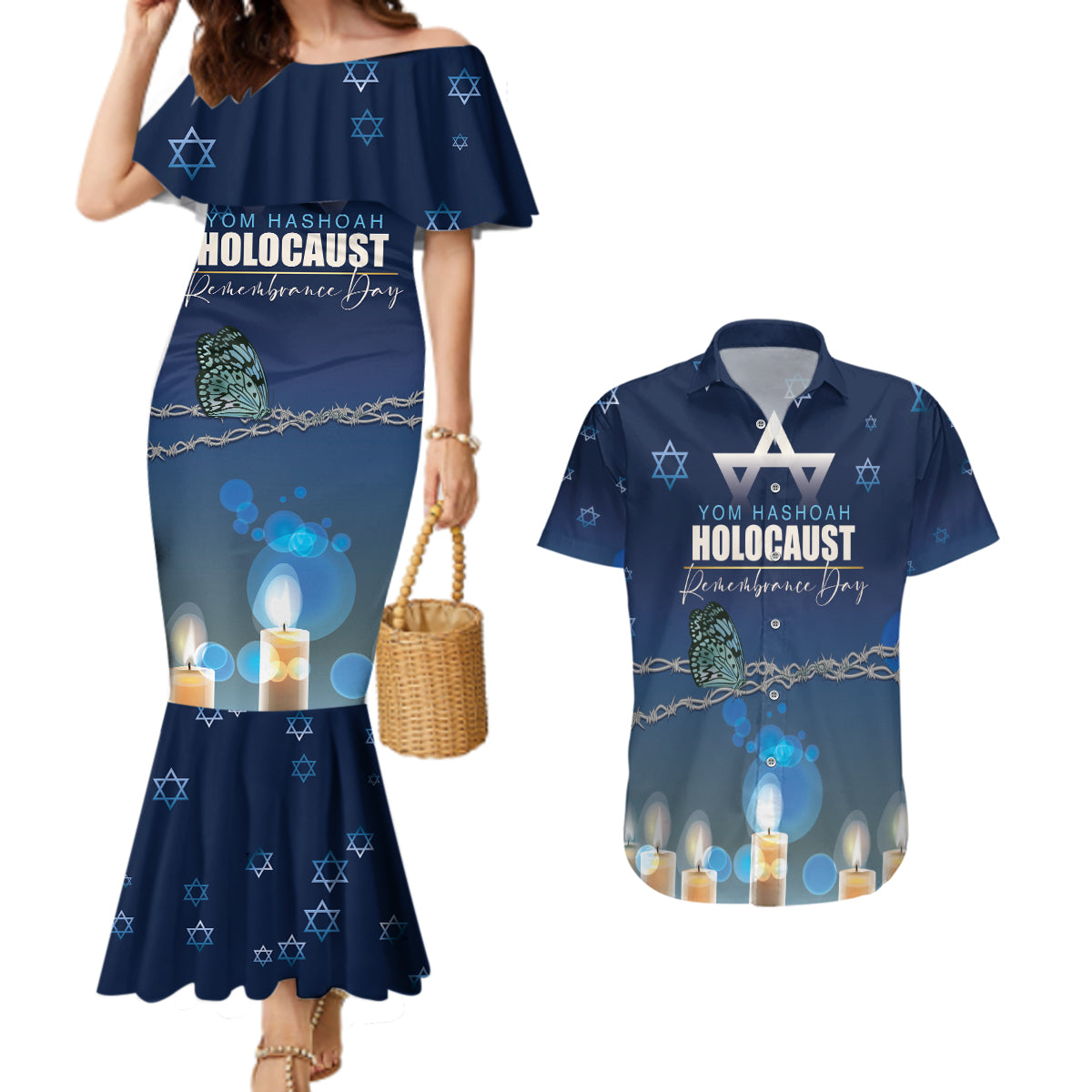 Yom HaShoah 2024 Couples Matching Mermaid Dress and Hawaiian Shirt Holocaust Remembrance Day - Wonder Print Shop