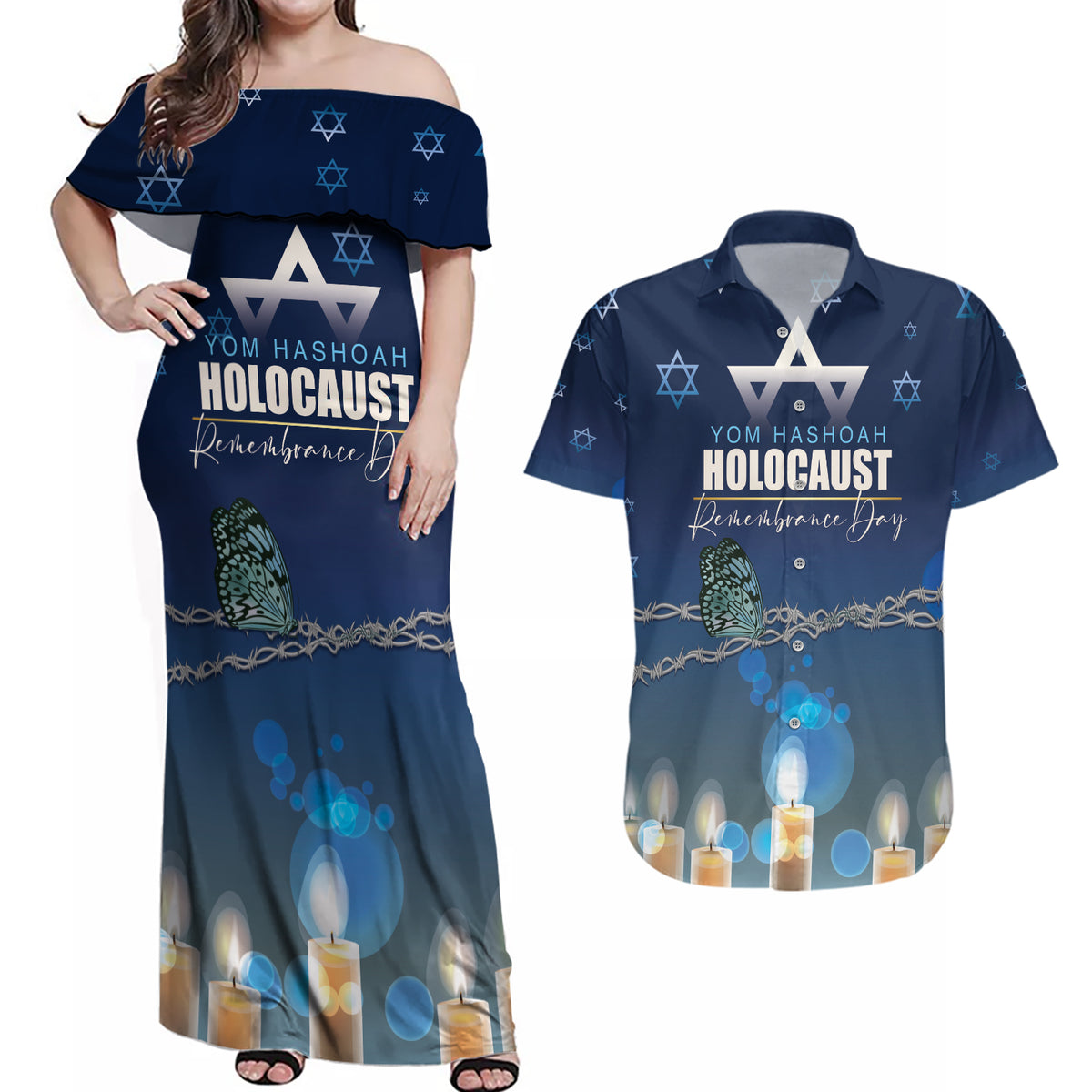 Yom HaShoah 2024 Couples Matching Off Shoulder Maxi Dress and Hawaiian Shirt Holocaust Remembrance Day - Wonder Print Shop