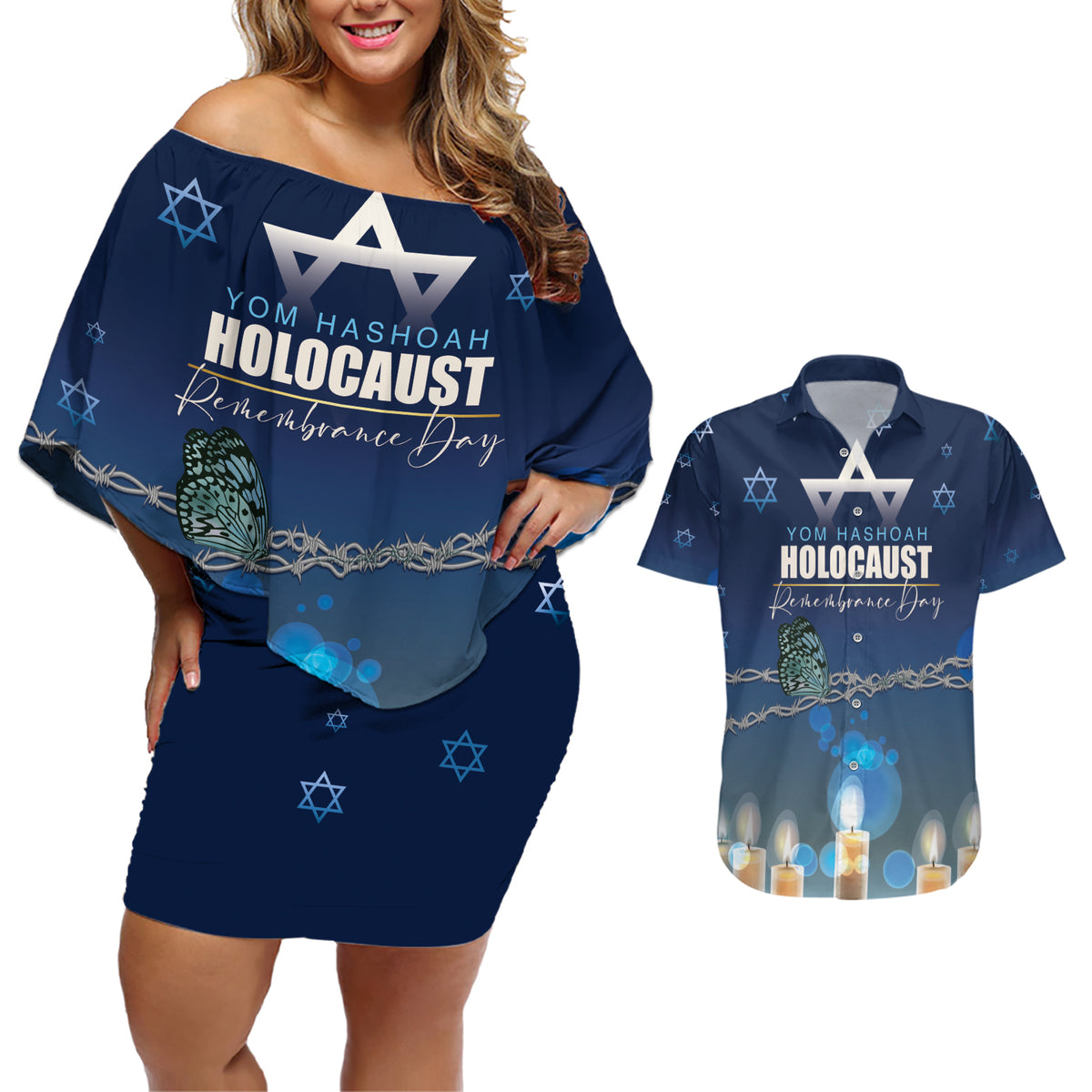 Yom HaShoah 2024 Couples Matching Off Shoulder Short Dress and Hawaiian Shirt Holocaust Remembrance Day - Wonder Print Shop
