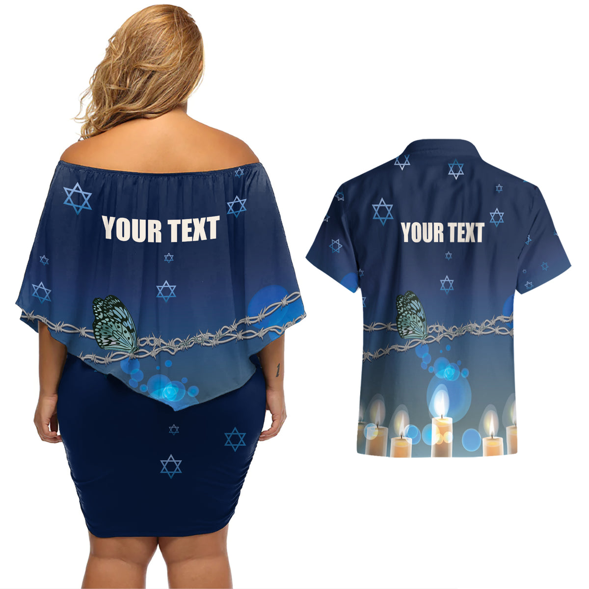 Yom HaShoah 2024 Couples Matching Off Shoulder Short Dress and Hawaiian Shirt Holocaust Remembrance Day - Wonder Print Shop