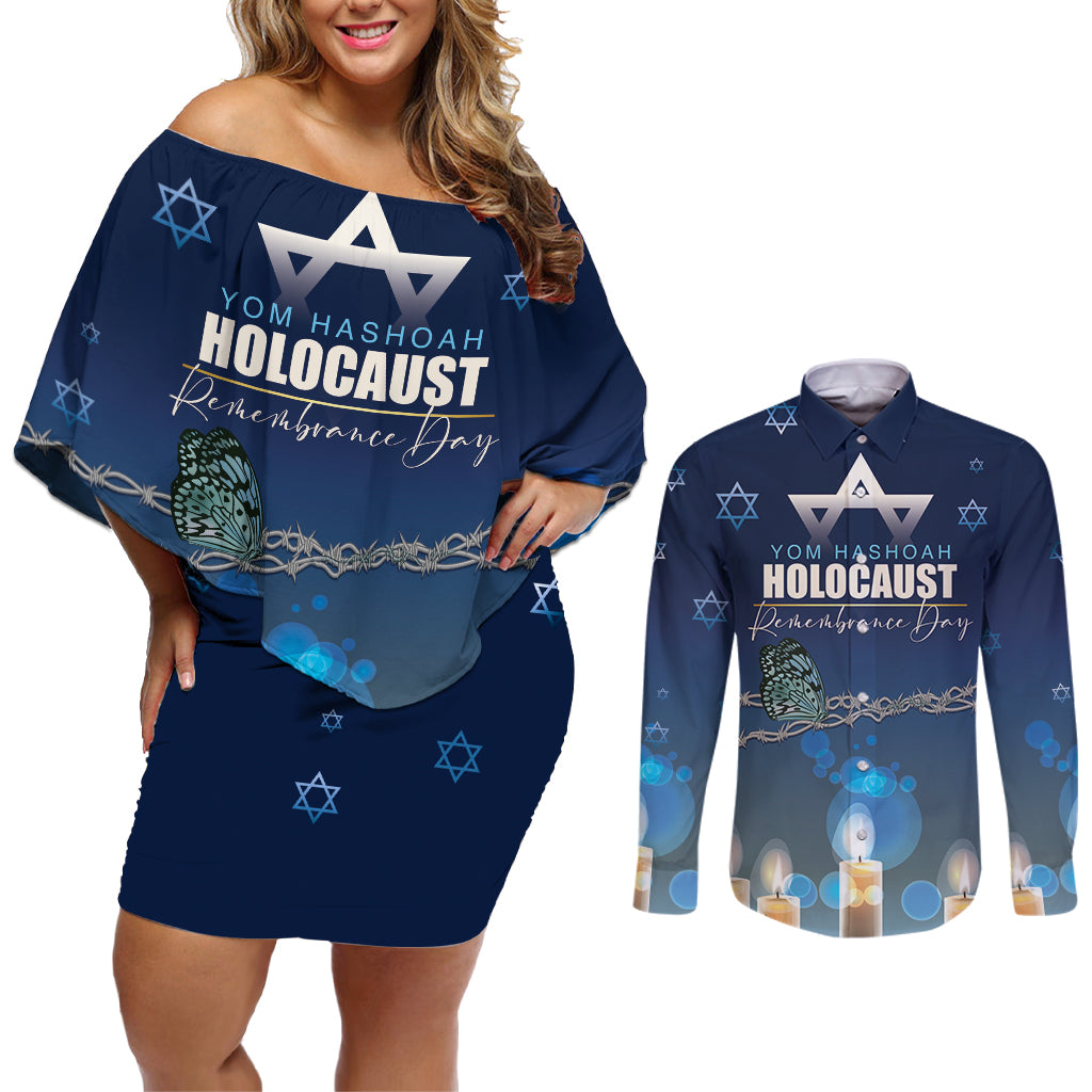 Yom HaShoah 2024 Couples Matching Off Shoulder Short Dress and Long Sleeve Button Shirt Holocaust Remembrance Day - Wonder Print Shop