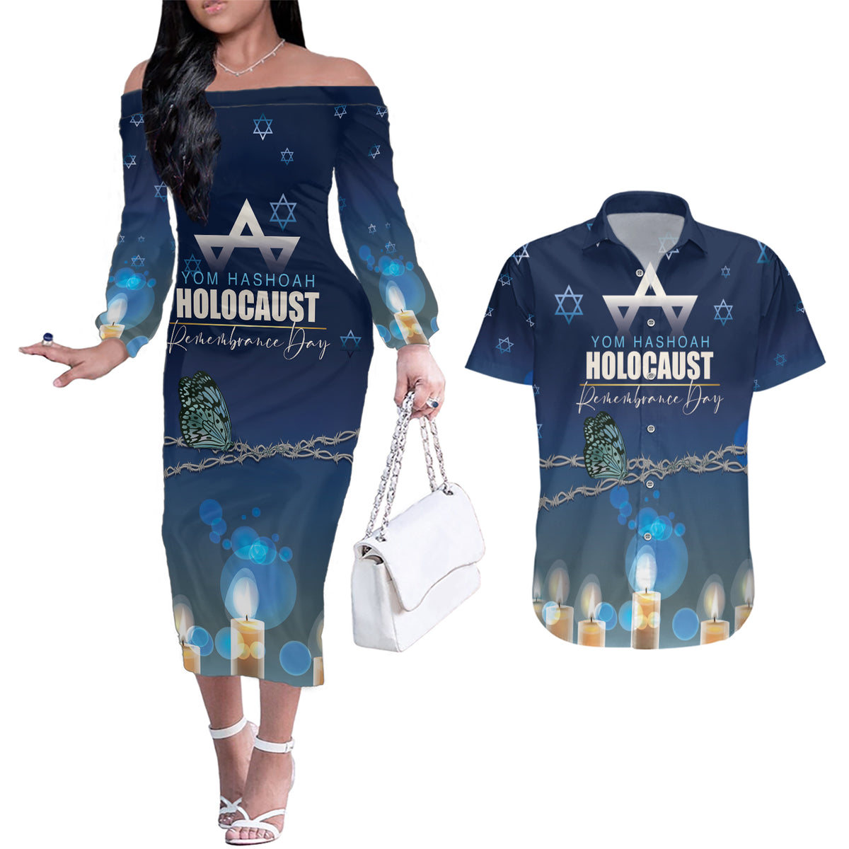 Yom HaShoah 2024 Couples Matching Off The Shoulder Long Sleeve Dress and Hawaiian Shirt Holocaust Remembrance Day - Wonder Print Shop