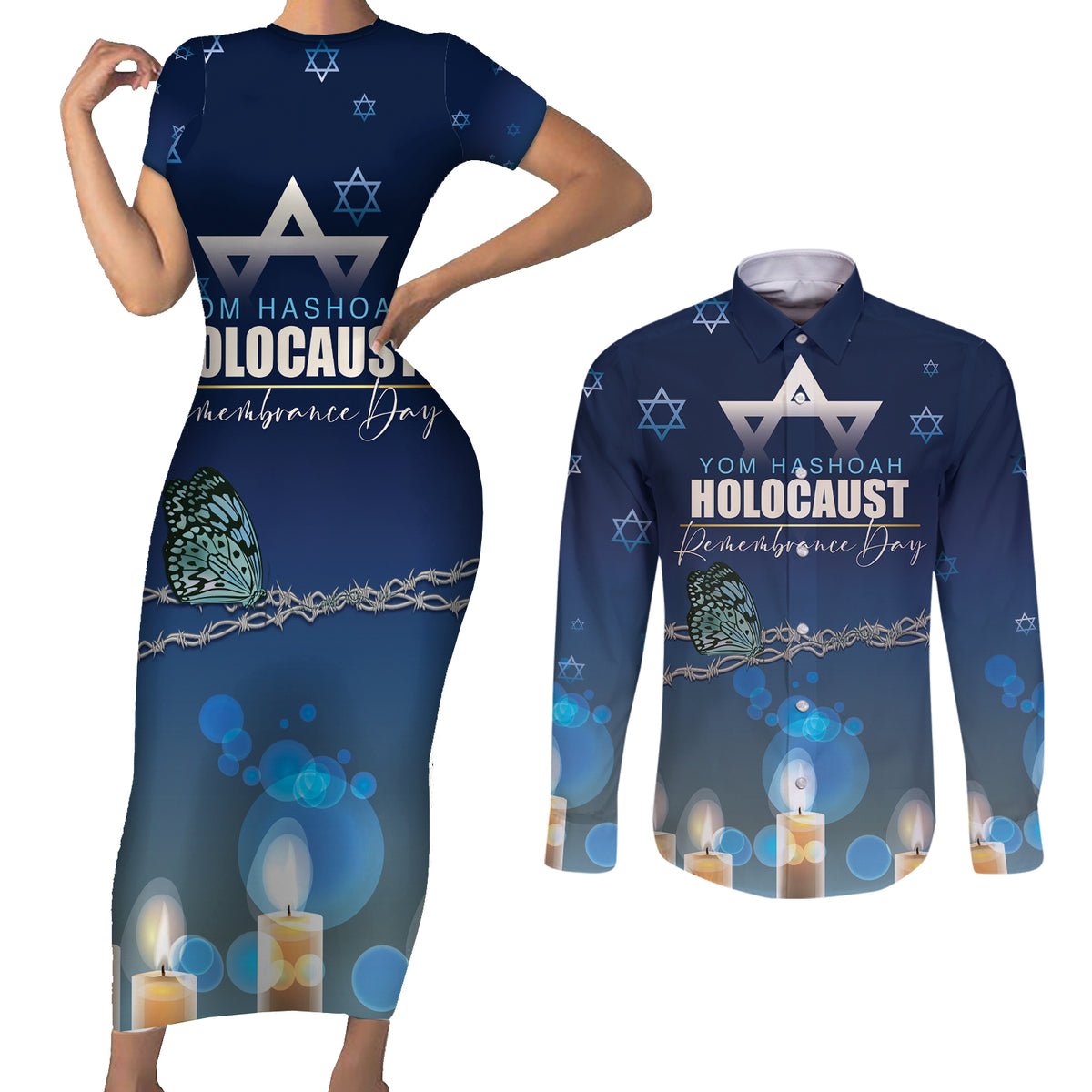 Yom HaShoah 2024 Couples Matching Short Sleeve Bodycon Dress and Long Sleeve Button Shirt Holocaust Remembrance Day - Wonder Print Shop