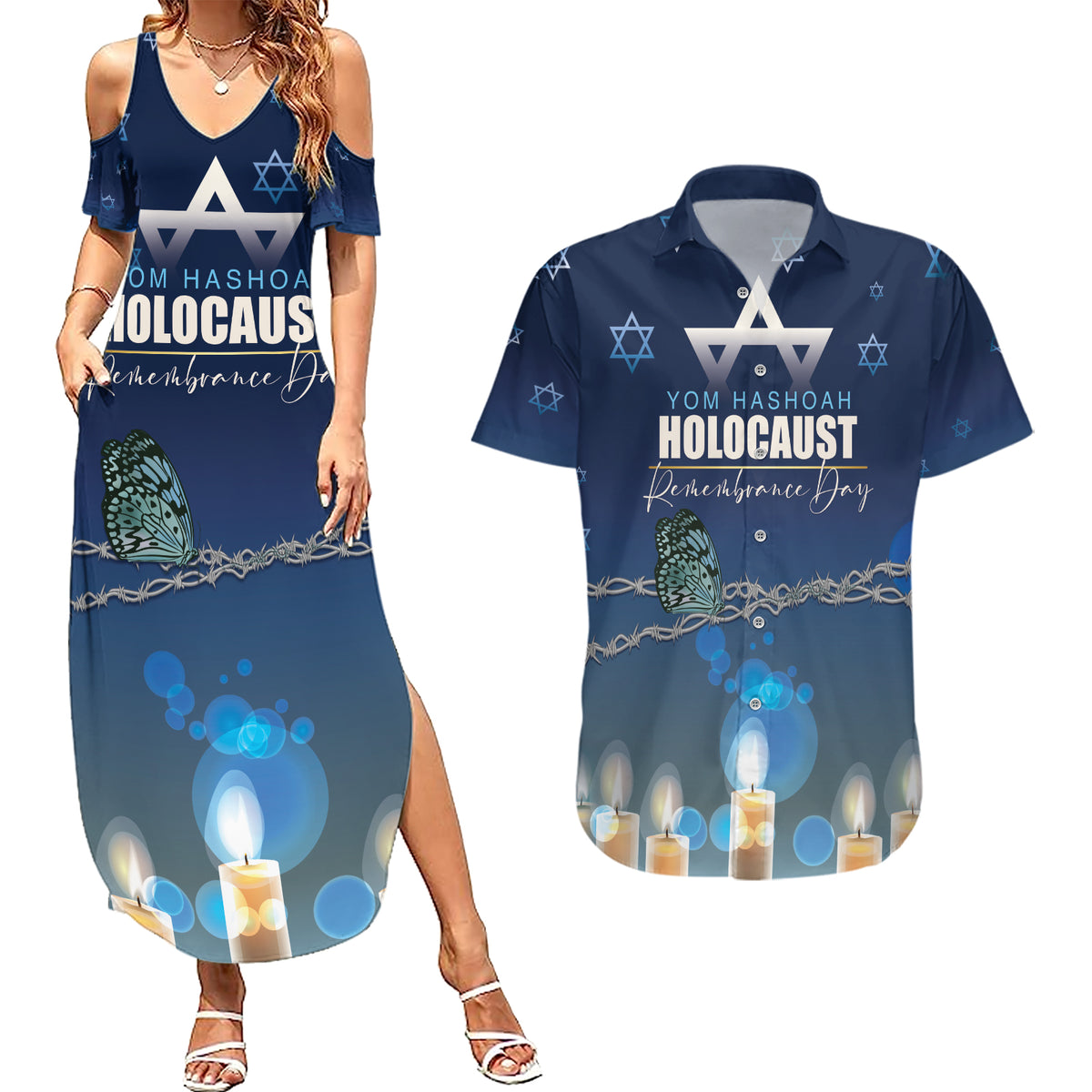 Yom HaShoah 2024 Couples Matching Summer Maxi Dress and Hawaiian Shirt Holocaust Remembrance Day - Wonder Print Shop