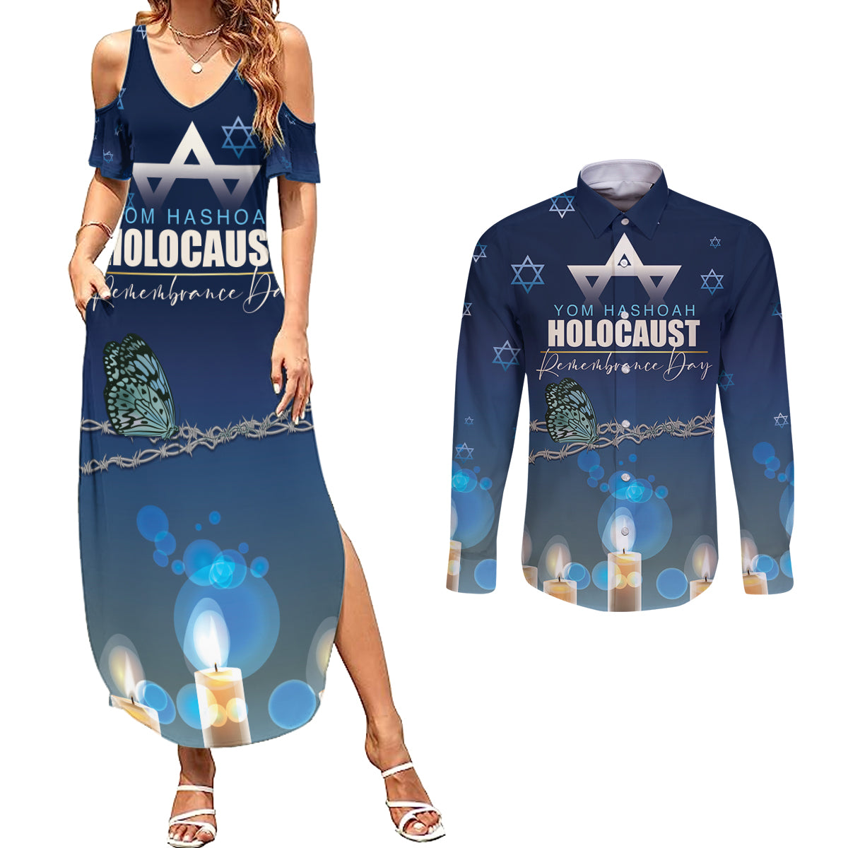 Yom HaShoah 2024 Couples Matching Summer Maxi Dress and Long Sleeve Button Shirt Holocaust Remembrance Day - Wonder Print Shop