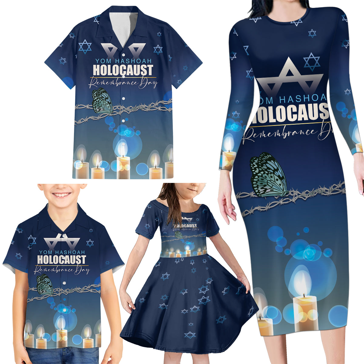 Yom HaShoah 2024 Family Matching Long Sleeve Bodycon Dress and Hawaiian Shirt Holocaust Remembrance Day - Wonder Print Shop