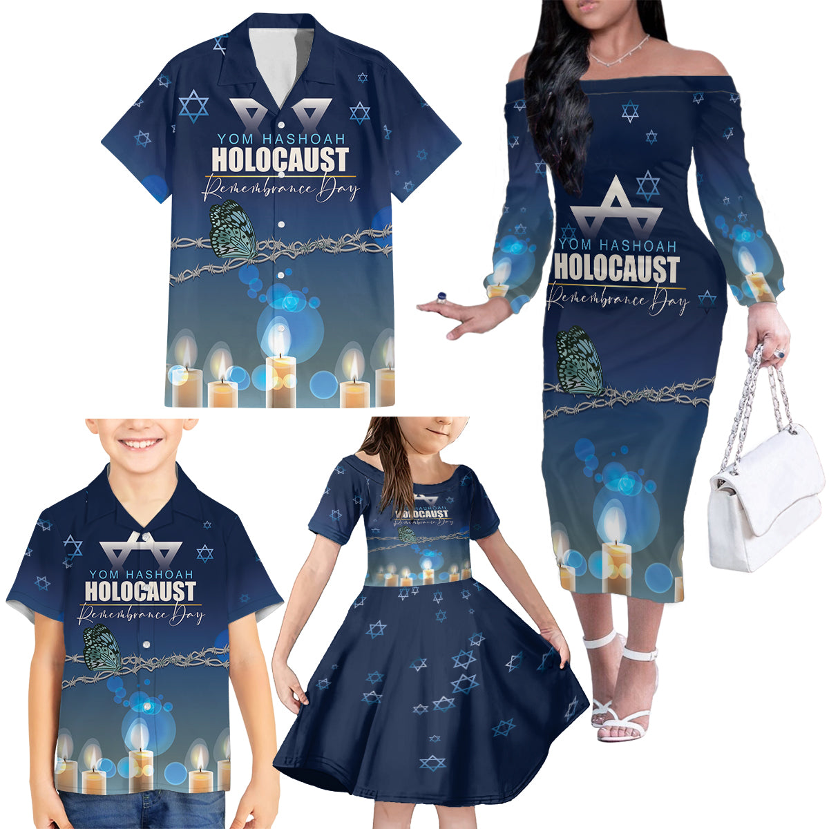 Yom HaShoah 2024 Family Matching Off The Shoulder Long Sleeve Dress and Hawaiian Shirt Holocaust Remembrance Day - Wonder Print Shop
