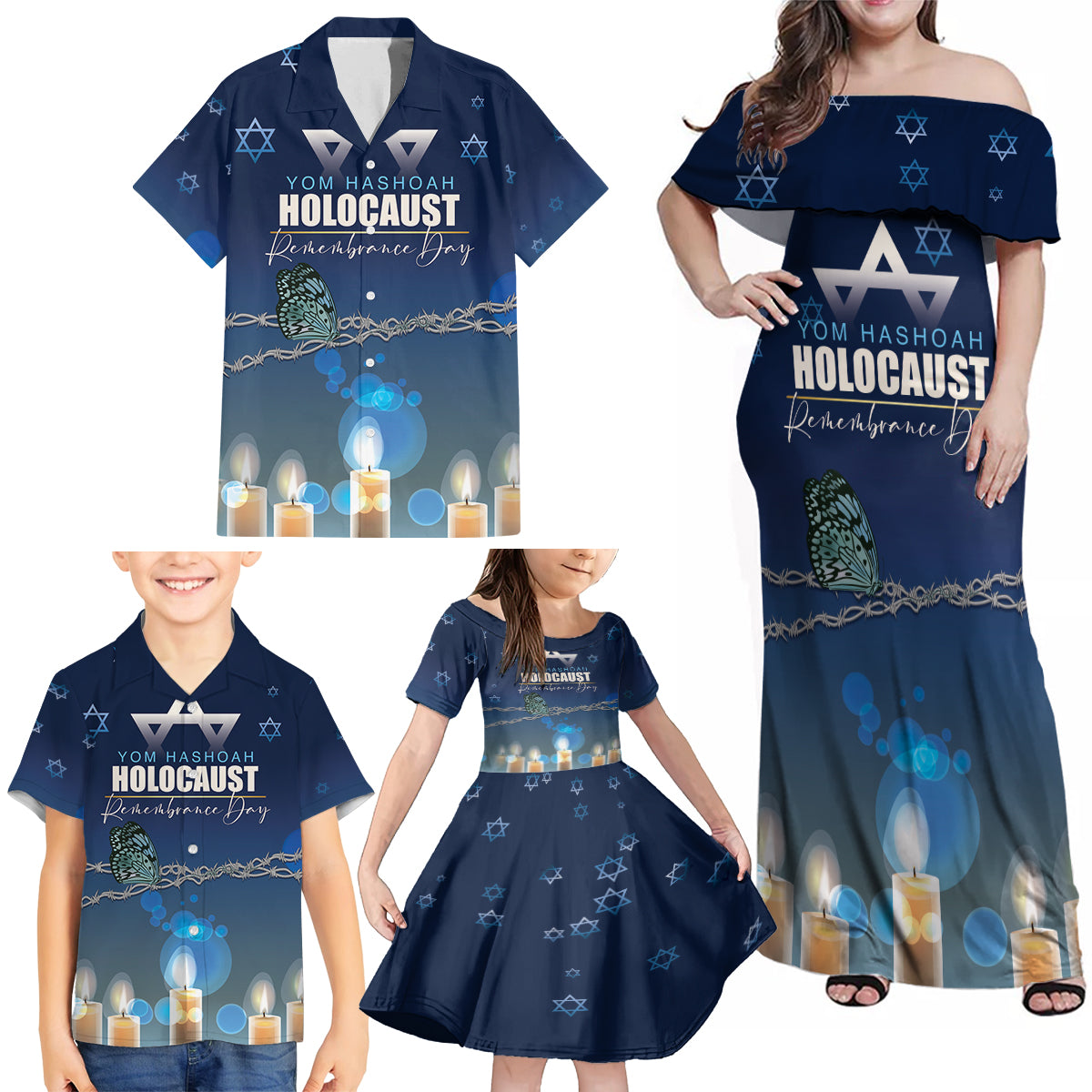 Yom HaShoah 2024 Family Matching Off Shoulder Maxi Dress and Hawaiian Shirt Holocaust Remembrance Day - Wonder Print Shop