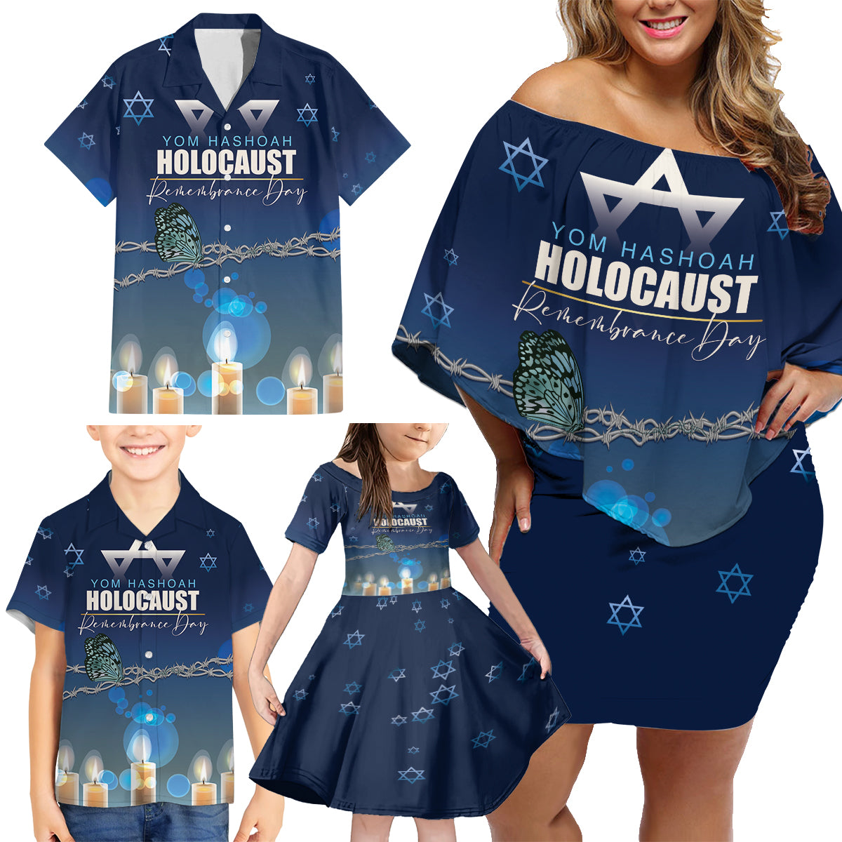 Yom HaShoah 2024 Family Matching Off Shoulder Short Dress and Hawaiian Shirt Holocaust Remembrance Day - Wonder Print Shop