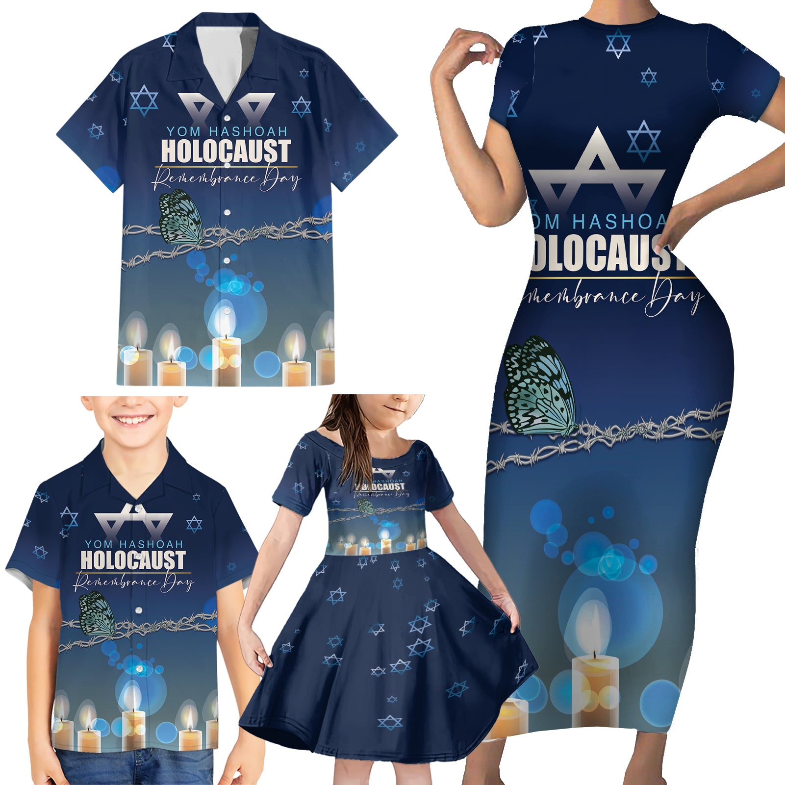 Yom HaShoah 2024 Family Matching Short Sleeve Bodycon Dress and Hawaiian Shirt Holocaust Remembrance Day - Wonder Print Shop