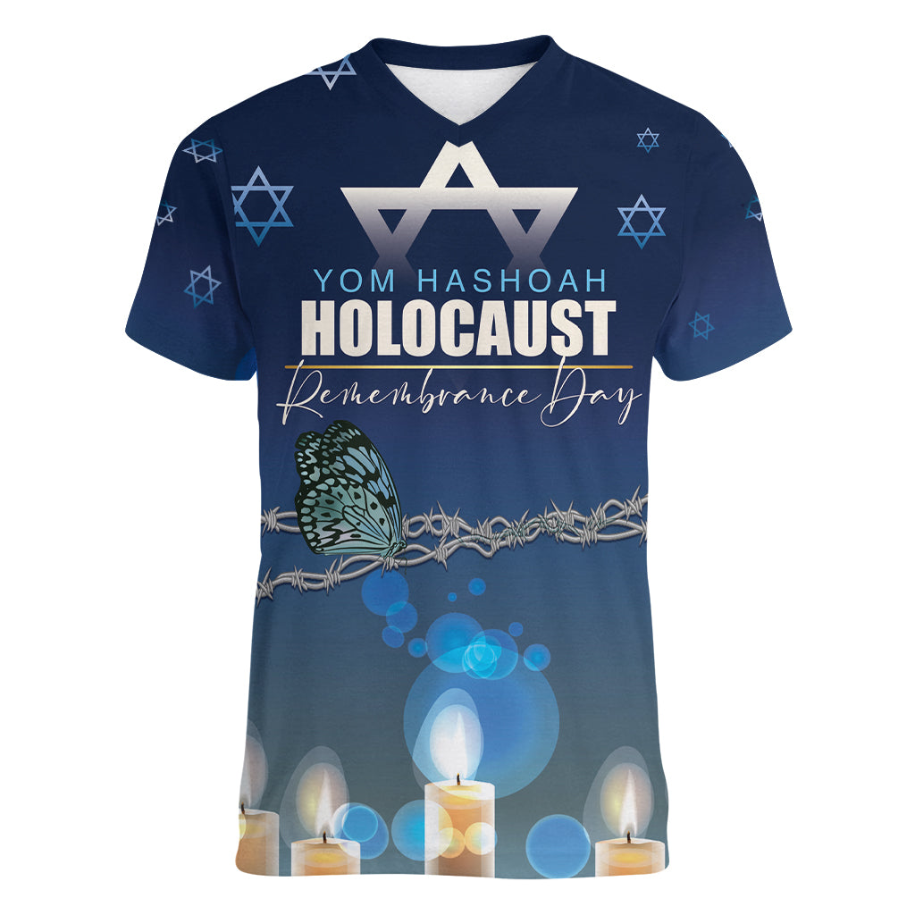 Yom HaShoah 2024 Women V-Neck T-Shirt Holocaust Remembrance Day - Wonder Print Shop