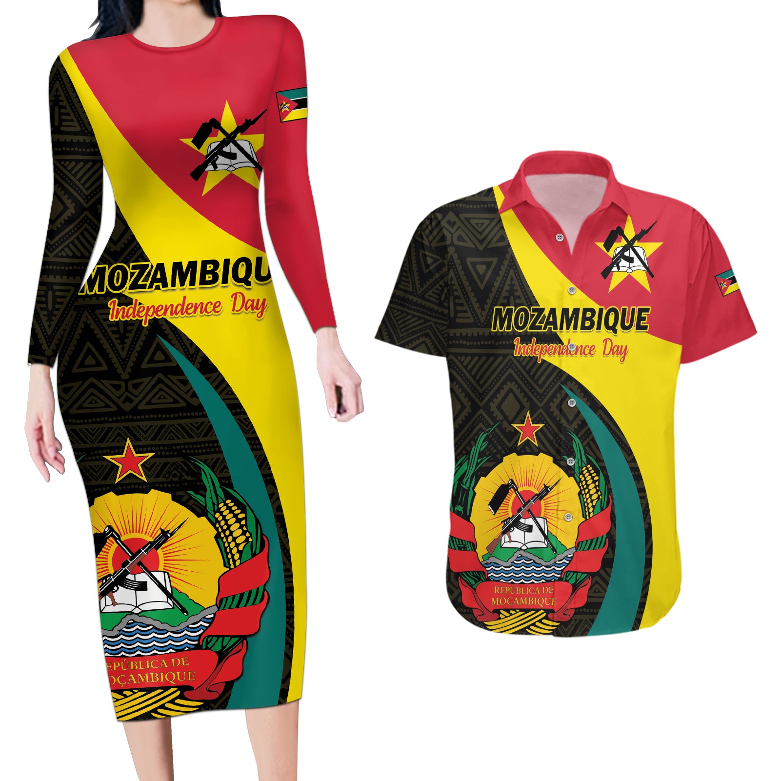 Mozambique Independence Day Couples Matching Long Sleeve Bodycon Dress and Hawaiian Shirt Muzambhiki 1975 Anniversary - Wonder Print Shop