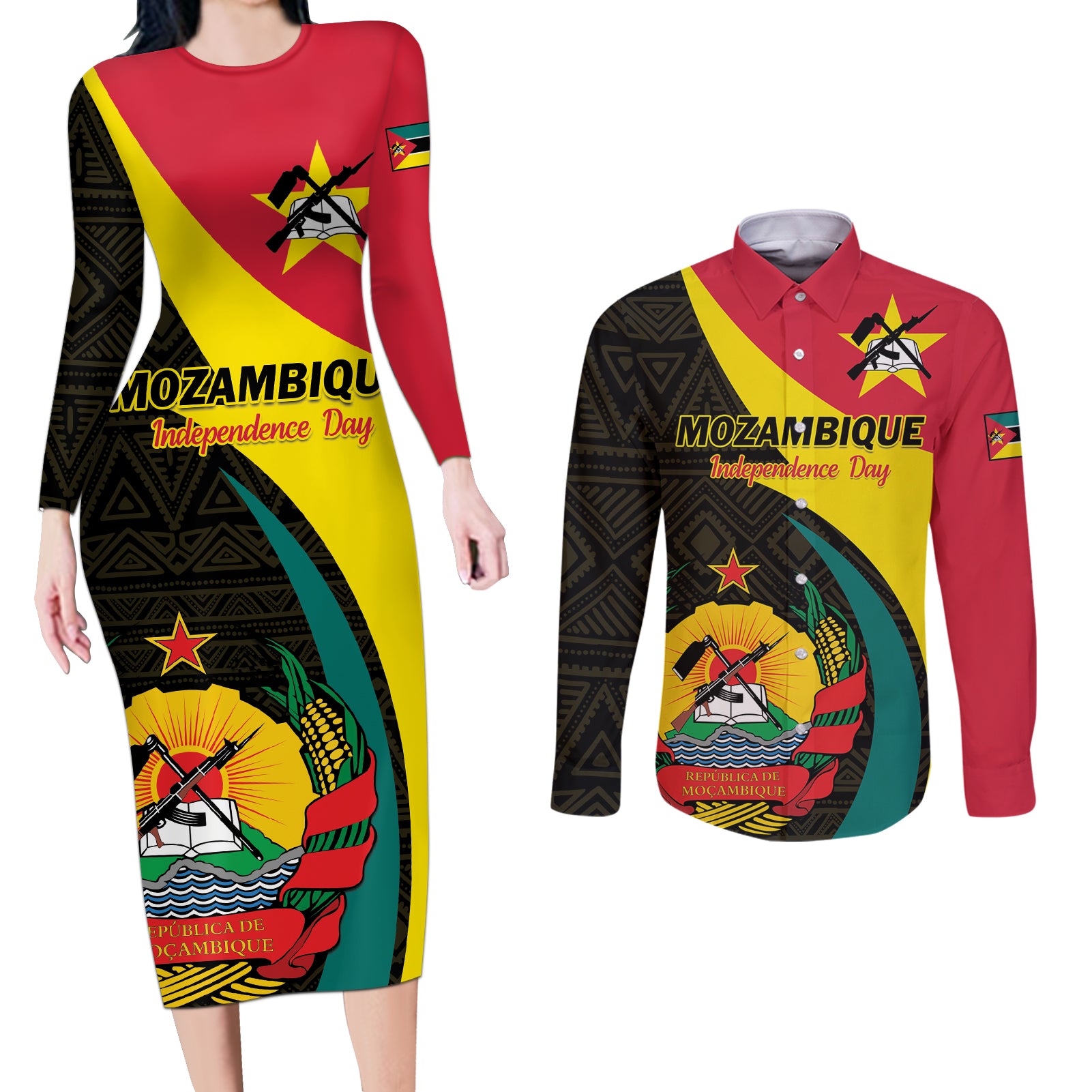 Mozambique Independence Day Couples Matching Long Sleeve Bodycon Dress and Long Sleeve Button Shirt Muzambhiki 1975 Anniversary - Wonder Print Shop