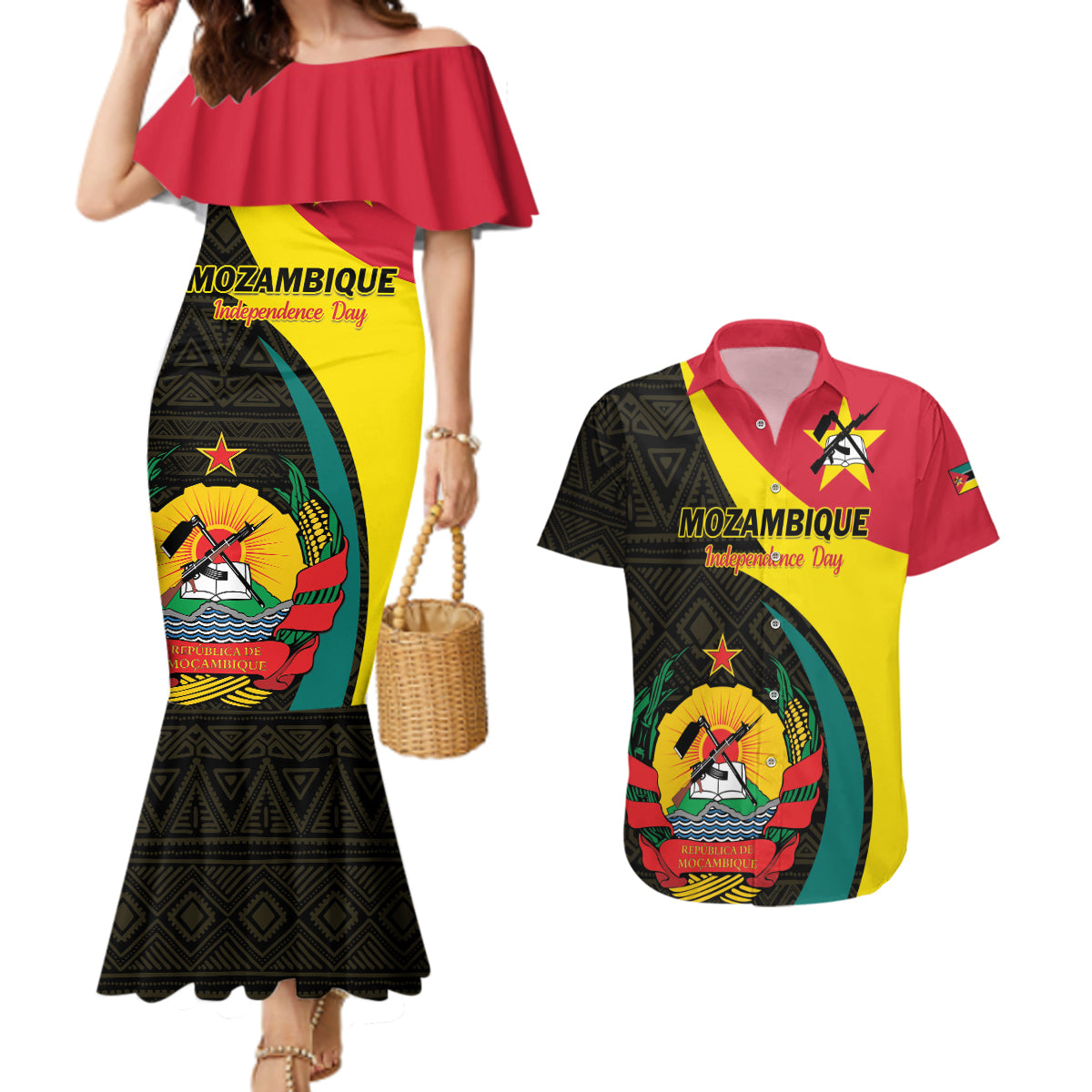 Mozambique Independence Day Couples Matching Mermaid Dress and Hawaiian Shirt Muzambhiki 1975 Anniversary - Wonder Print Shop
