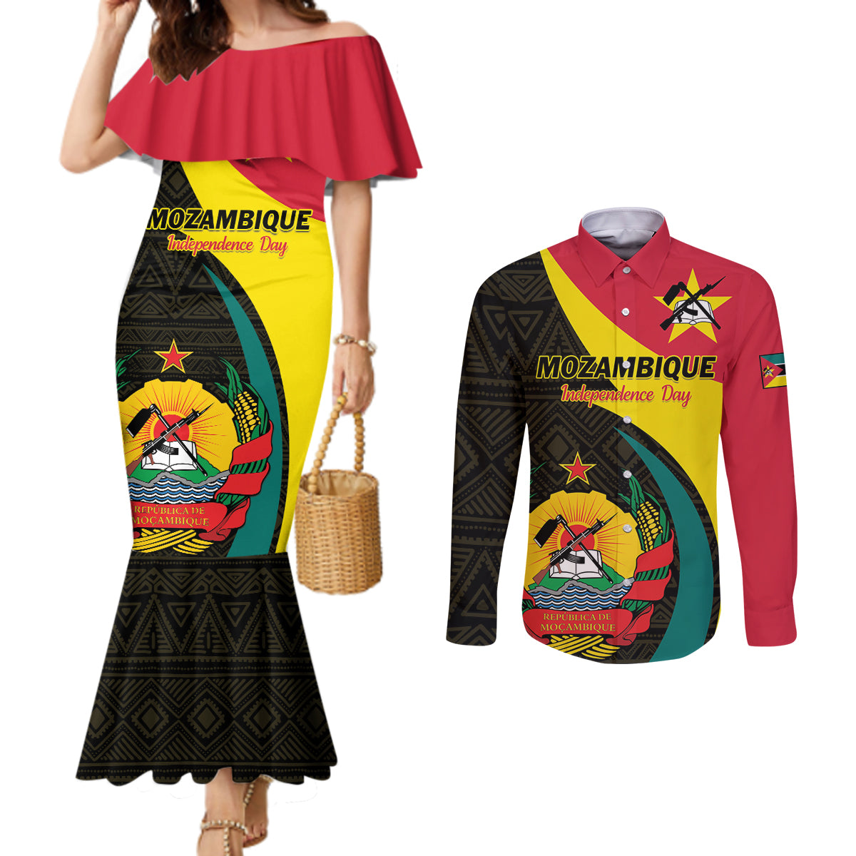 Mozambique Independence Day Couples Matching Mermaid Dress and Long Sleeve Button Shirt Muzambhiki 1975 Anniversary