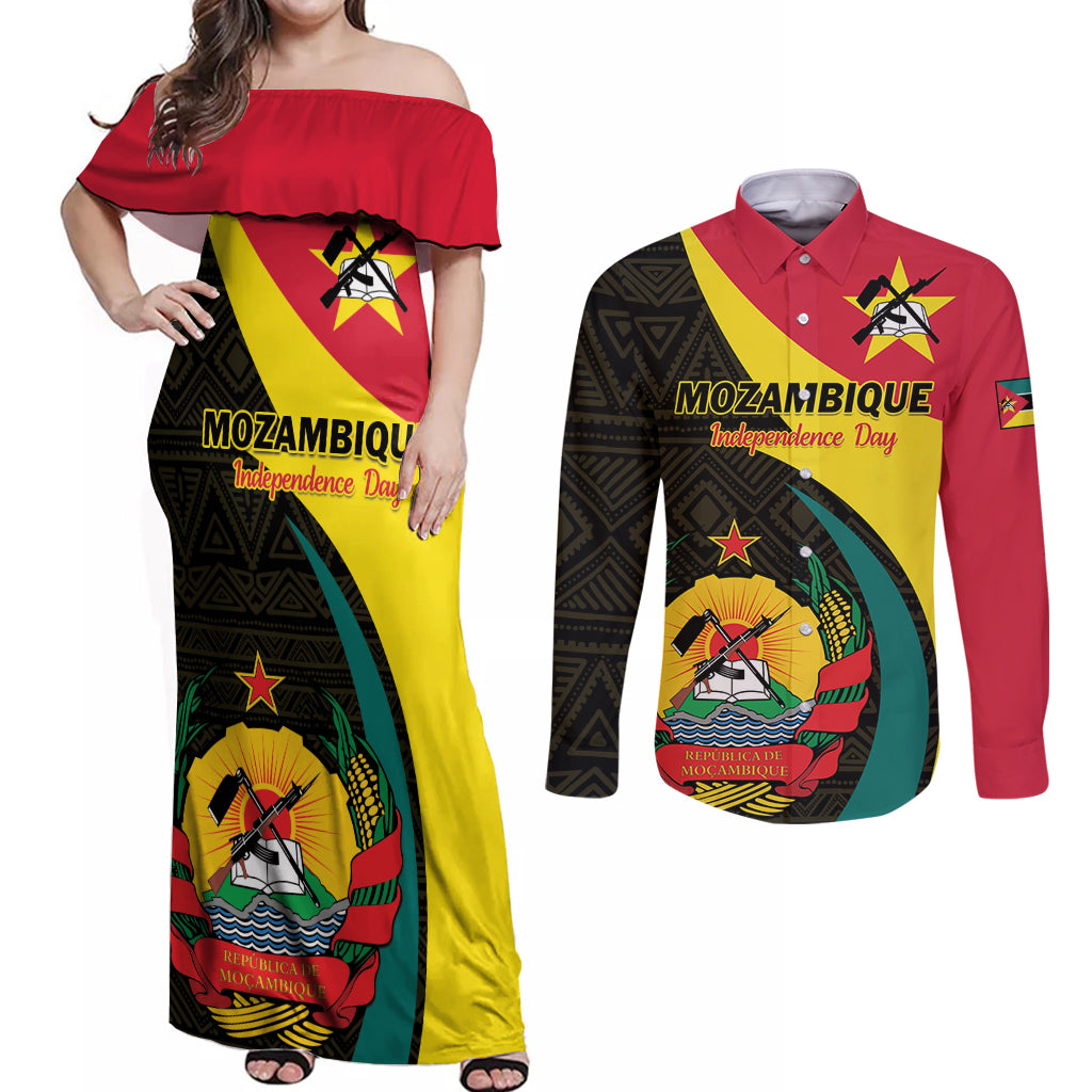 Mozambique Independence Day Couples Matching Off Shoulder Maxi Dress and Long Sleeve Button Shirt Muzambhiki 1975 Anniversary - Wonder Print Shop