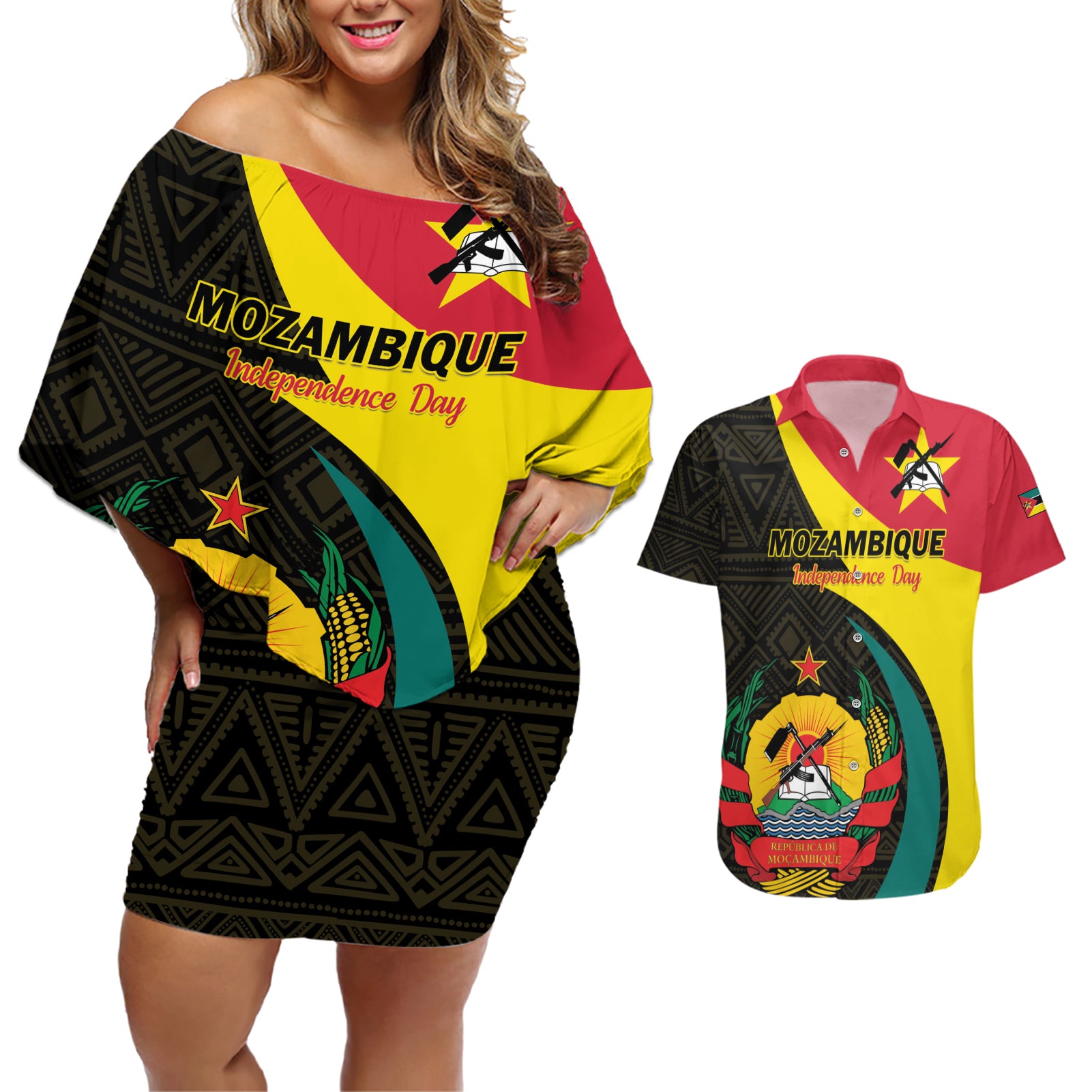 Mozambique Independence Day Couples Matching Off Shoulder Short Dress and Hawaiian Shirt Muzambhiki 1975 Anniversary - Wonder Print Shop