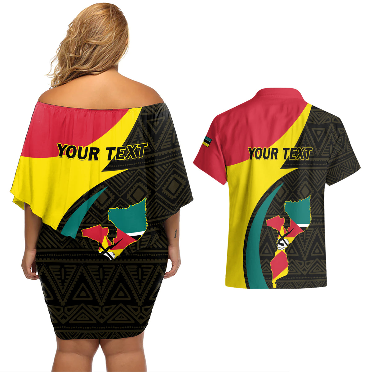 Mozambique Independence Day Couples Matching Off Shoulder Short Dress and Hawaiian Shirt Muzambhiki 1975 Anniversary - Wonder Print Shop