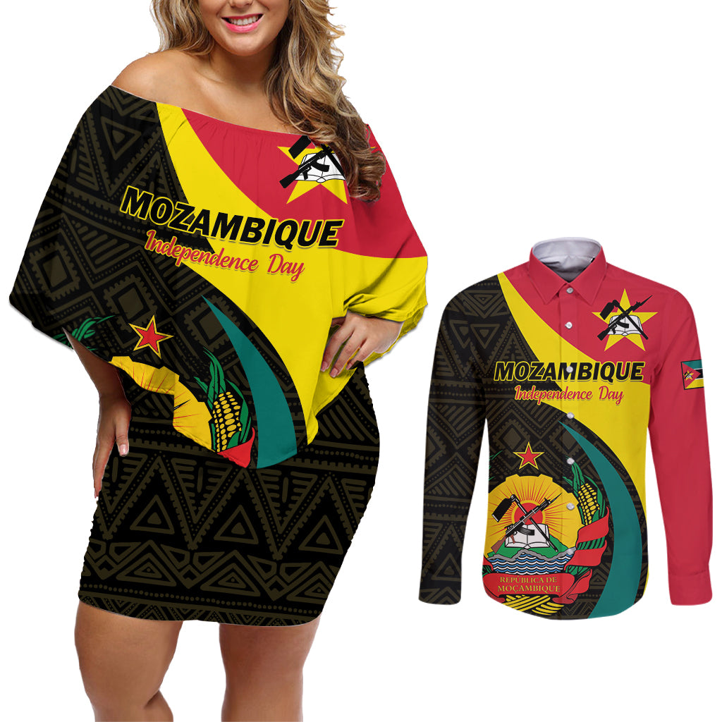 Mozambique Independence Day Couples Matching Off Shoulder Short Dress and Long Sleeve Button Shirt Muzambhiki 1975 Anniversary - Wonder Print Shop