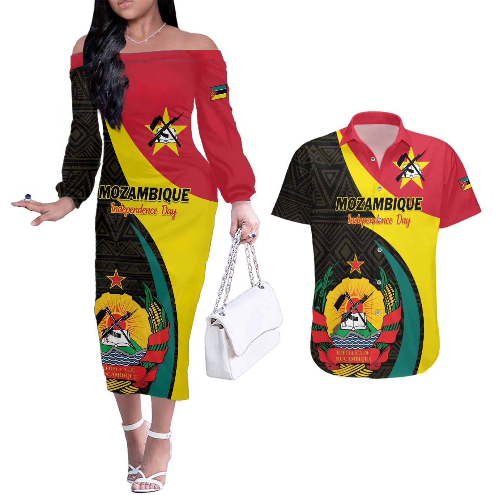 Mozambique Independence Day Couples Matching Off The Shoulder Long Sleeve Dress and Hawaiian Shirt Muzambhiki 1975 Anniversary - Wonder Print Shop